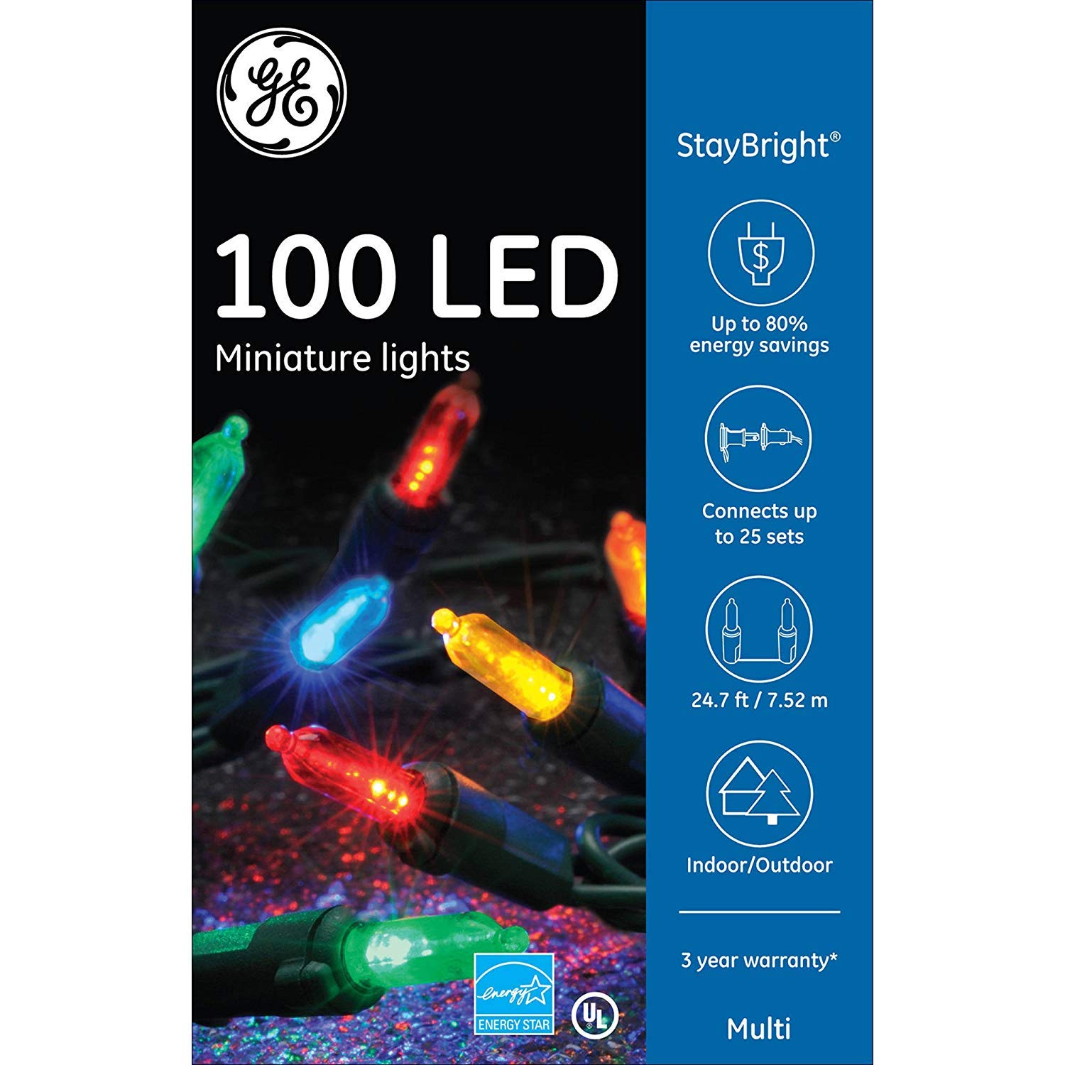 GE 100CT StayBright LED 5.5mm Miniature Colorite Christmas Lights String Set - Multicolor Holiday Decorations (2 Pack) for Indoor/Outdoor Tree, Window, Party & Home Decoration