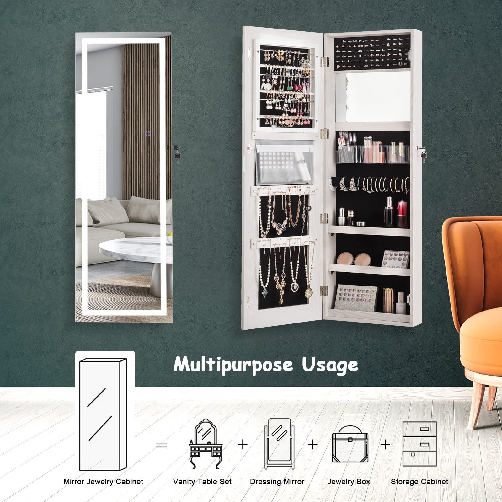 COSTWAY Wall-Mounted Jewelry Armoire with Full-Length LED Mirror | Lockable Jewelry Storage Cabinet with Large Organizer | White Jewelry Organizer for Bedroom & Living Room | Perfect for Closet Organization & Vanity Makeup Area
