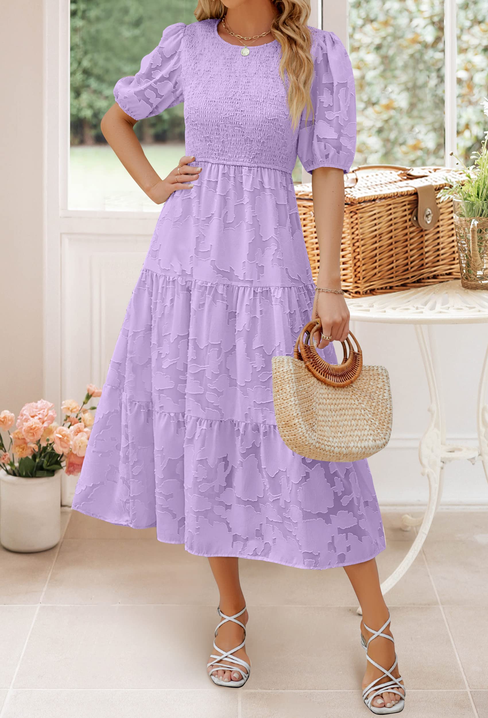 ZESICA Women's Summer Floral Lace Maxi Dress with Puff Sleeves & Smocked Waist - Elegant A-Line Tiered Flowy Dress for Beach, Wedding, Party & Vacation