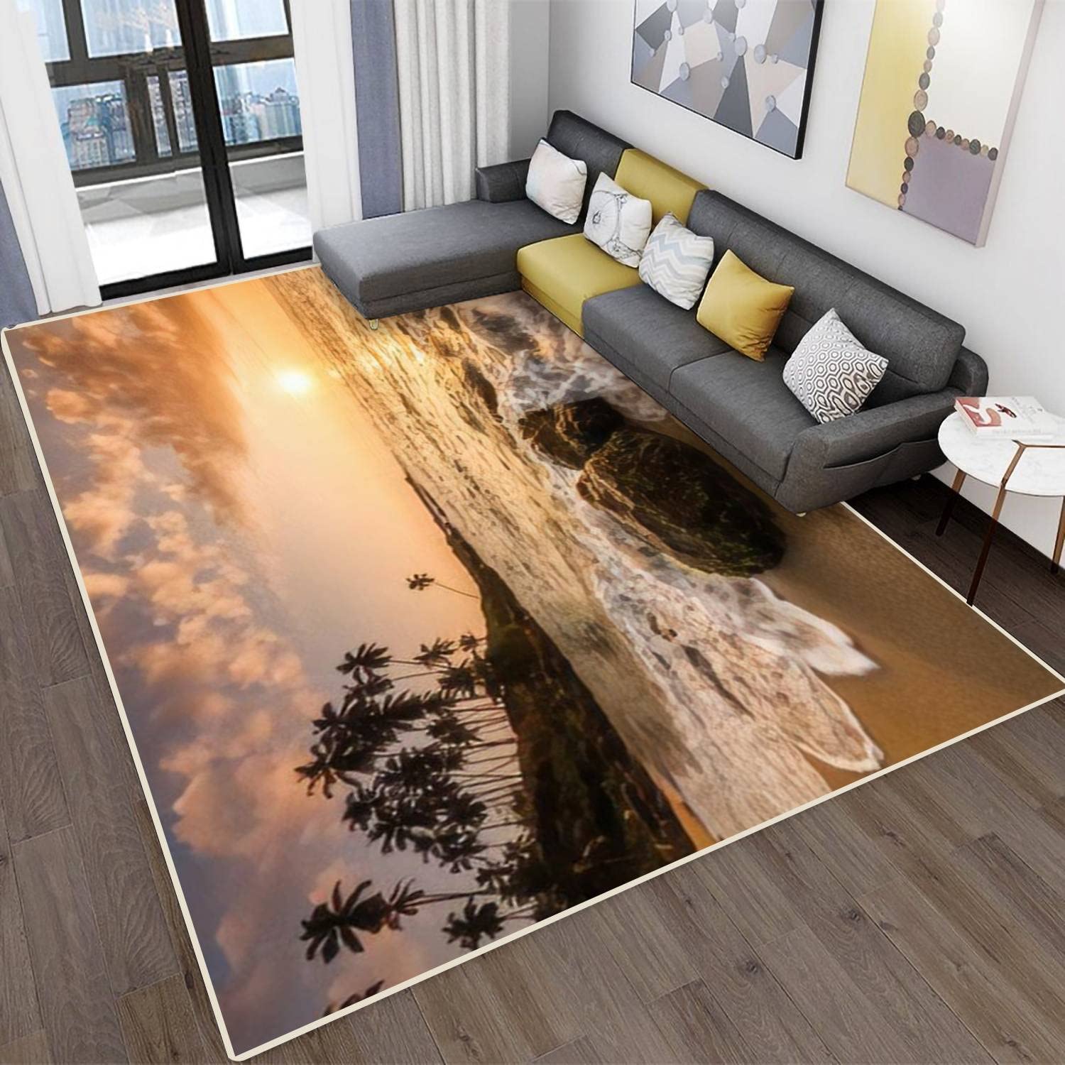 Non-Slip Modern Abstract Area Rug - Sunset Beach with Coconut Palms Design - Stain Resistant Indoor/Outdoor Carpet for Living Room, Bedroom & Home Decor - Perfect for Coastal, Bohemian or Tropical Style Spaces