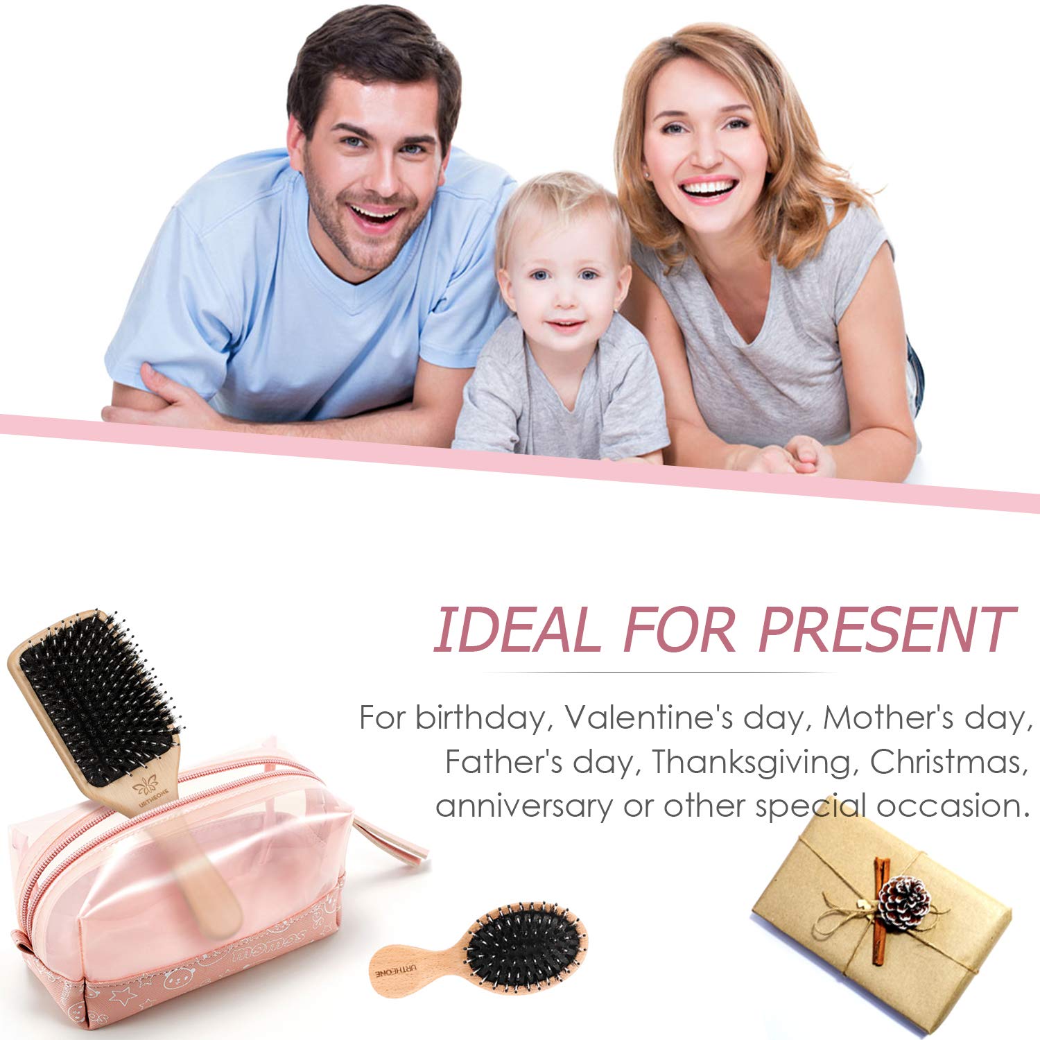 Natural Boar Bristle Hair Brush & Comb Set for Women, Men & Kids - Wooden Paddle Hairbrush with Travel Styling Brush for Wet/Dry Hair - Detangle, Smooth & Massage - Perfect for Home Use, Travel & Daily Hair Care