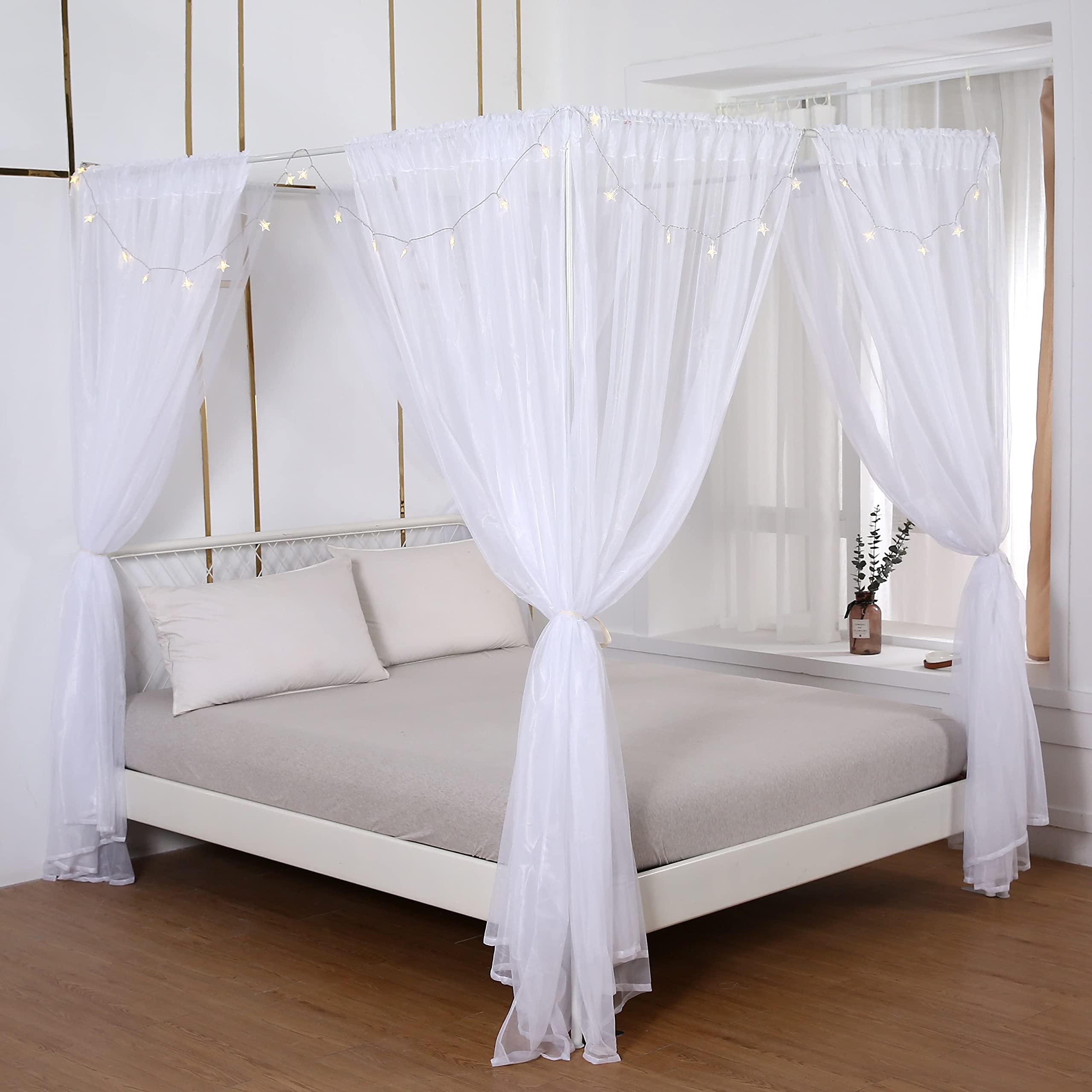 Princess Canopy Bed Curtains Set with Star Lights - Sheer Canopy for King Size Bed, 8 Panel Bed Canopy (White) - Perfect for Girls' Bedroom Decor, Fairy Tale Theme & Romantic Bedroom Makeover