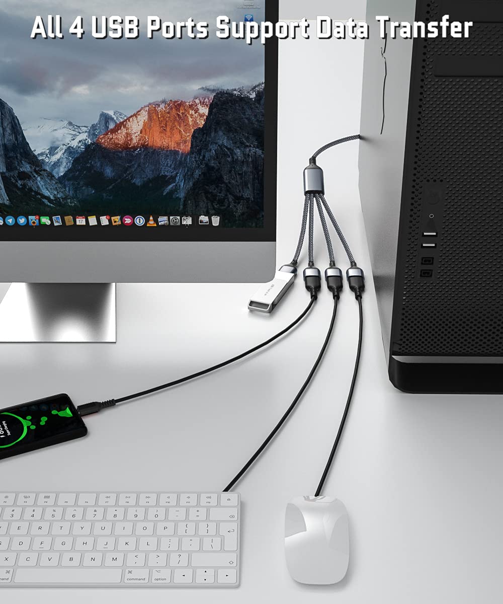 Elebase 1FT USB Y Cable - 1 Male to 4 Female USB Splitter Adapter for PC, Laptop, MacBook, TV - Fast Data Transfer & Charging - Perfect for Home Office, Gaming & Multi-Device Setup
