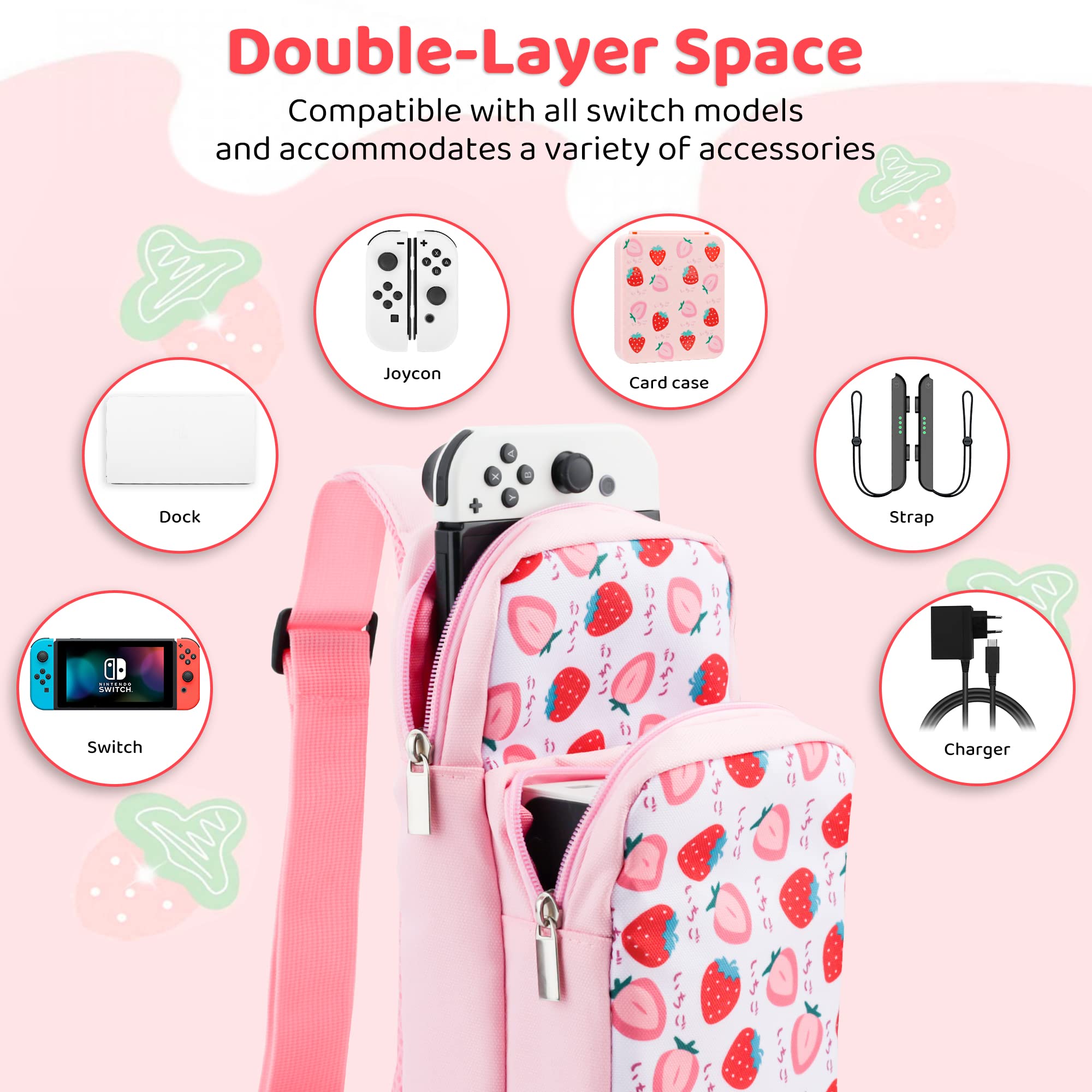 RHOTALL Pink Travel Bag for Nintendo Switch/Lite/OLED - Large Capacity Portable Carrying Case with 12 Game Slots & Thumb Grip Caps (Strawberry) - Perfect for Gaming On-The-Go, Travel Accessories Storage & Shoulder Backpack