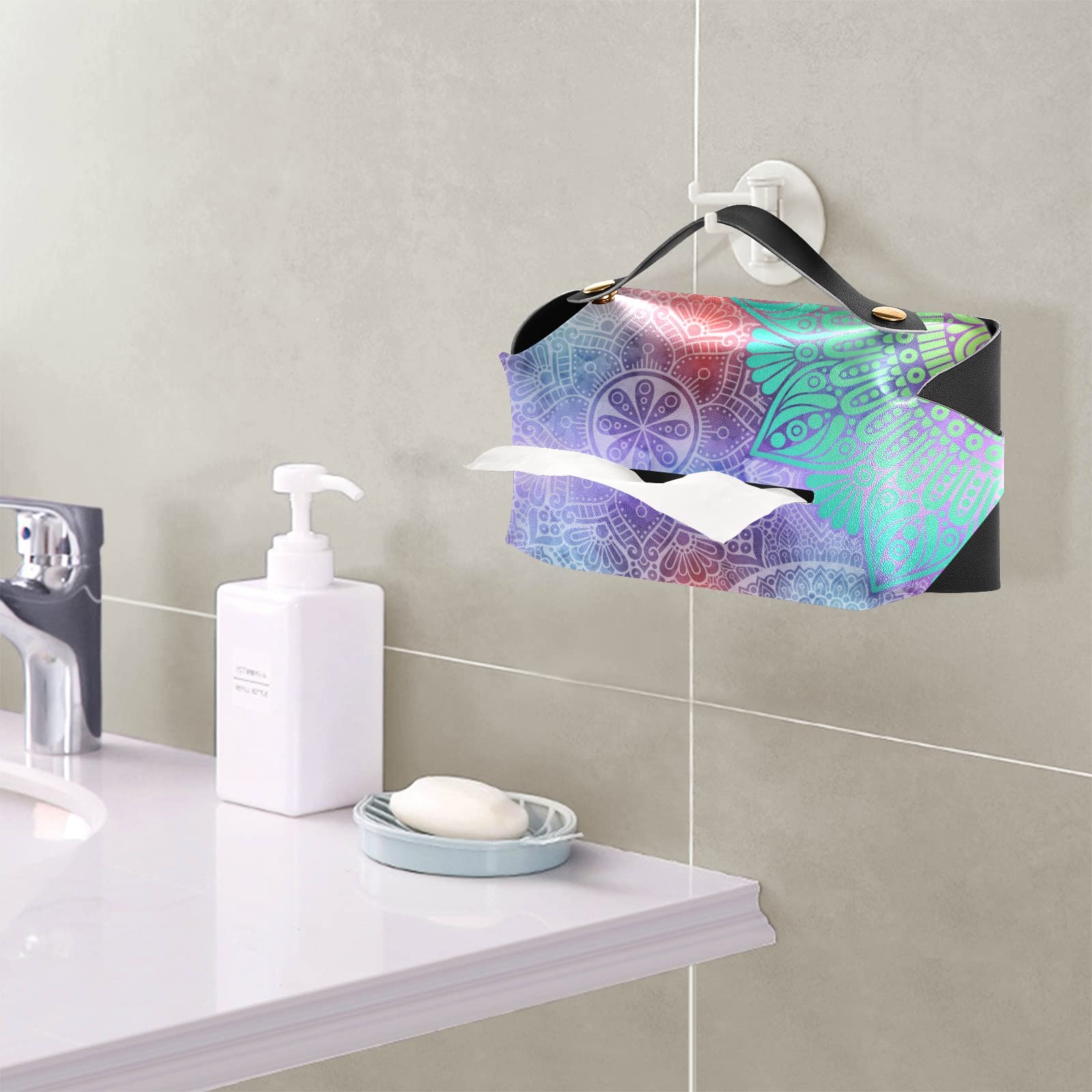 Ethnic Floral Leather Tissue Box Cover - Islamic, Arabic, Indian & Ottoman Style Square Design with Handle for Bathroom, Home, Office & Car (9.4x5.1x3.6 in) - Perfect for Nightstands, Vanity Countertops & Desk Decor
