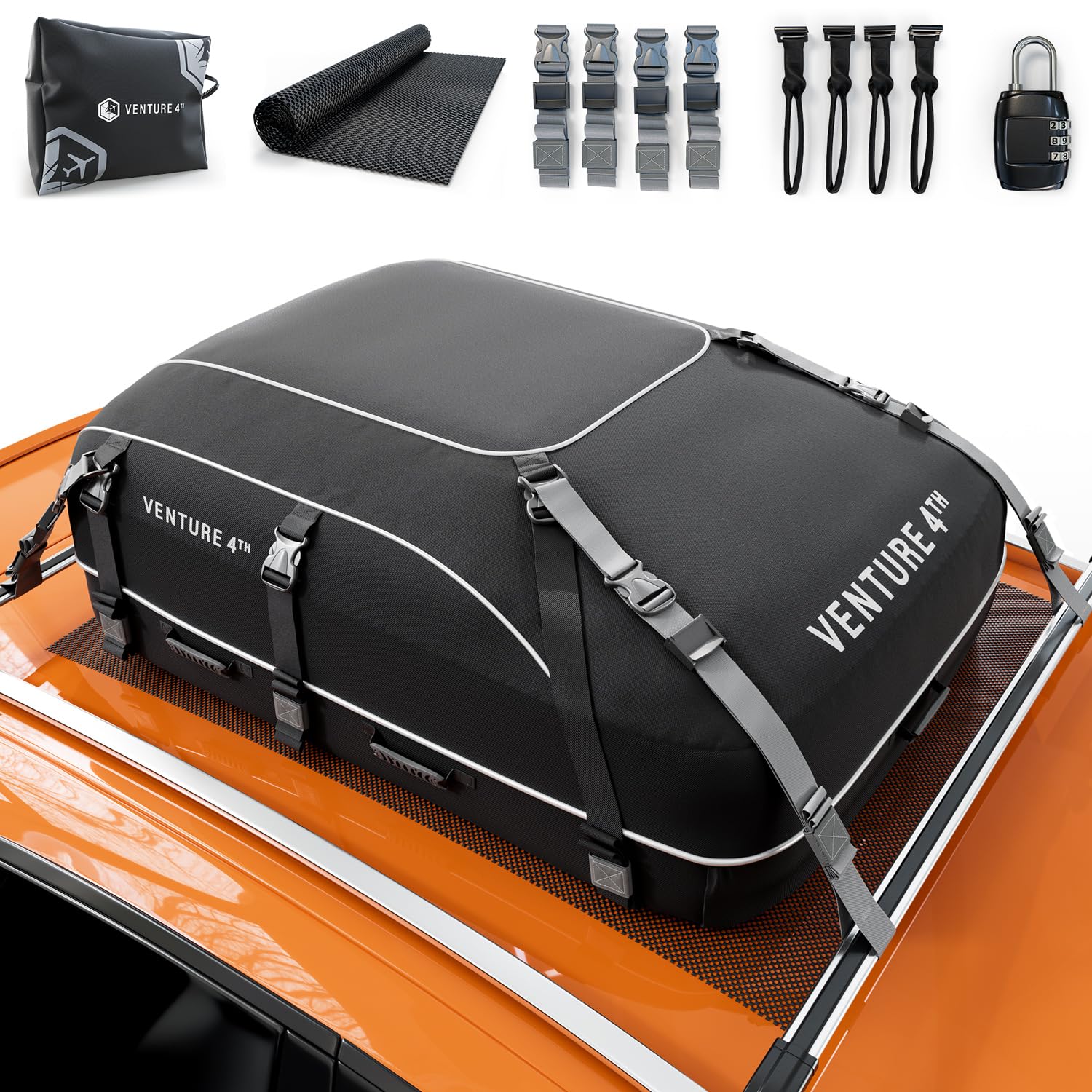VENTURE 4TH 21 Cubic Feet Waterproof Rooftop Cargo Carrier Bag - Heavy Duty Car Roof Storage with Tie-Down & Compression Straps - Fits SUVs, Sedans, Trucks (With/Without Roof Racks) - Perfect for Road Trips, Camping & Travel Gear Storage