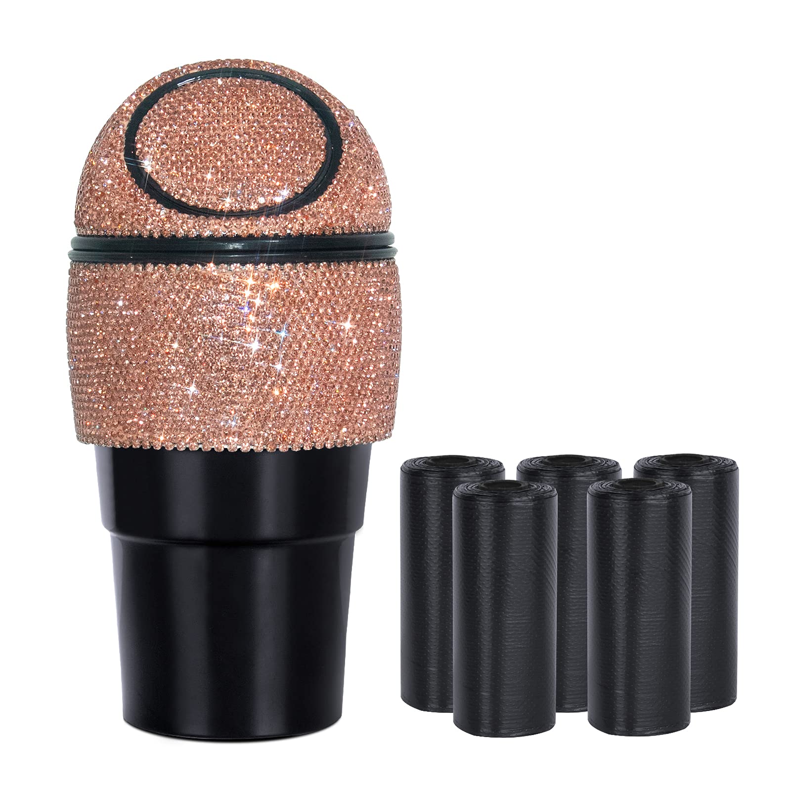 Bling Crystal Car Trash Can with Lid - Mini Auto Garbage Bin for Car, Office & Home - 5 Pack Disposable Bags Included - Gold Cup Holder Trash Can for Women (Perfect for Road Trips, Commuting & Workspace Organization)