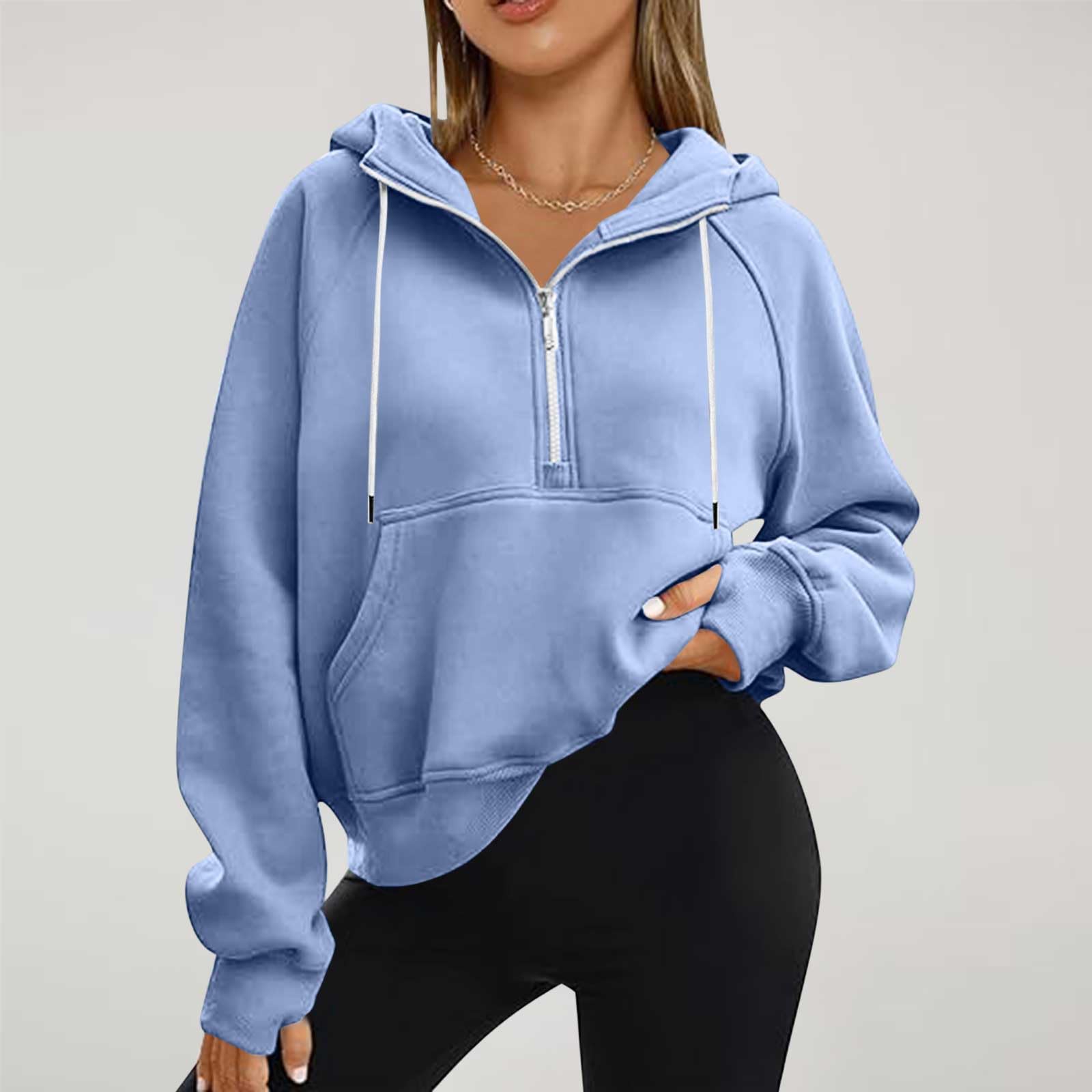 Women's Half Zip Pullover Fleece Quarter Zip Hoodie with Thumb Holes - Trendy Fall Sweatshirt 2024 | Cozy Blue Fleece Top for Casual Wear, Outdoor Activities & Lounge Comfort