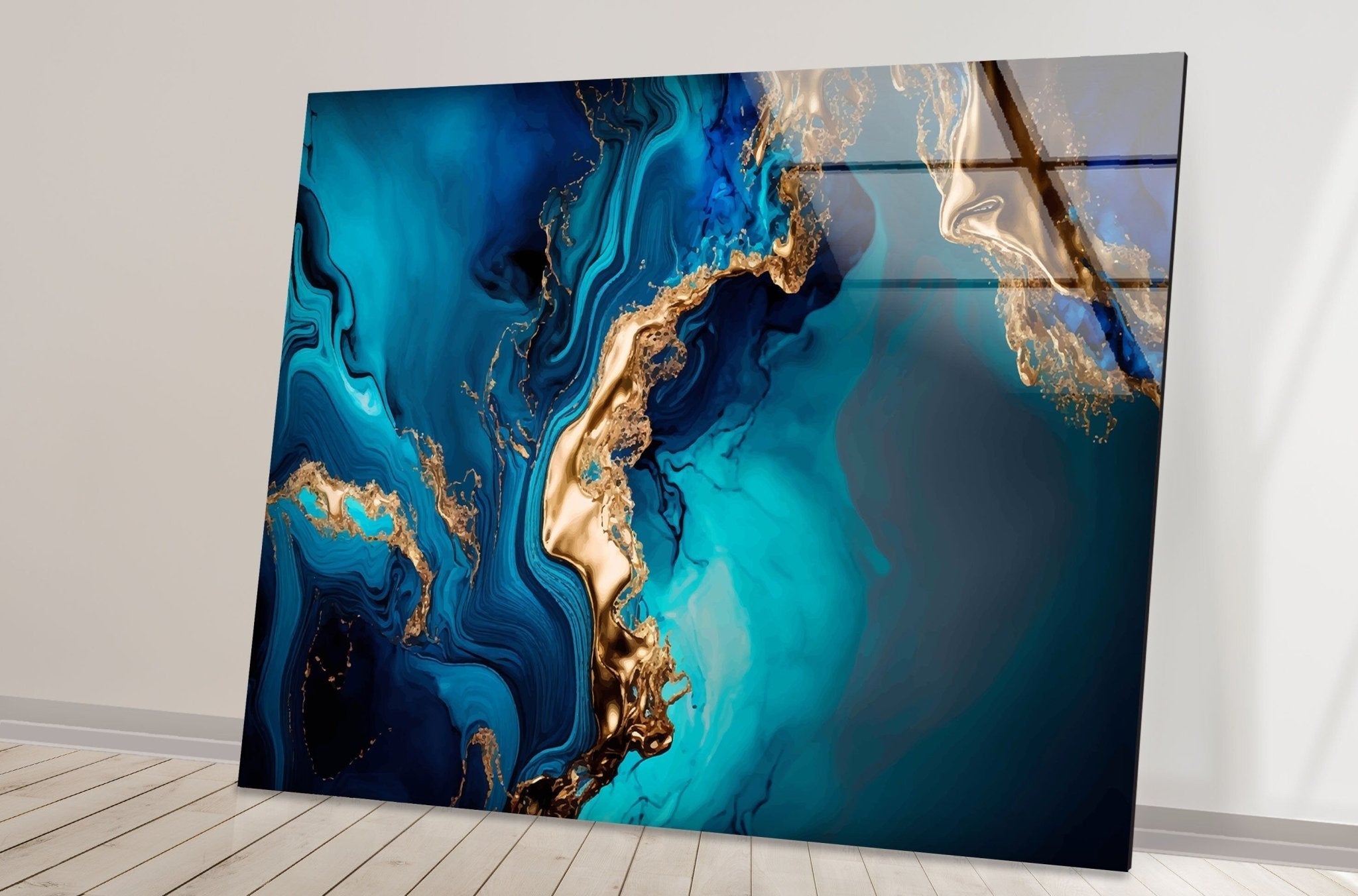 Abstract Turquoise Marble Glass Wall Art - Modern Home Decor for Living Room, Bedroom & Office - Handmade Blue and White Marbleized Glass Panel
