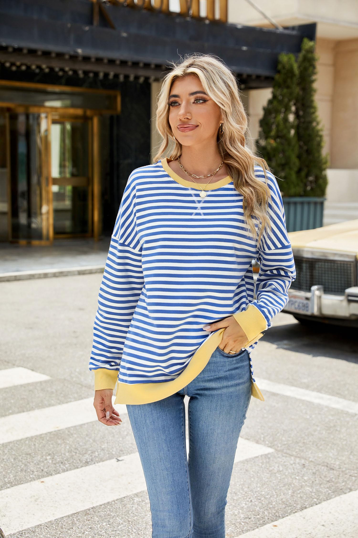 Fashionme 2025 Women's Striped Color Block Tunic Top with Side Slits - Long Sleeve Crewneck Loose Fit T-Shirt Sweatshirt for Spring | Casual Outfits, Layering & Everyday Wear