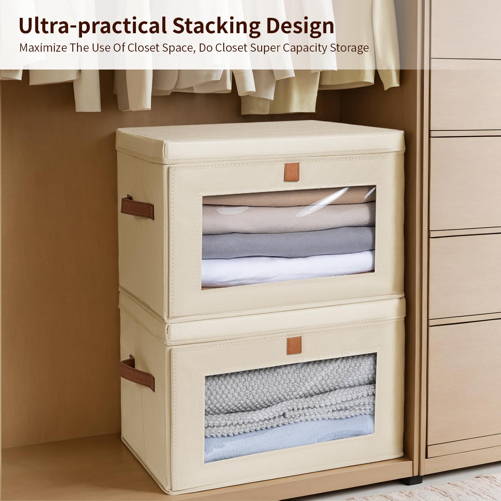Large Collapsible Storage Bins with Handles & Window - 2 Pack Beige Fabric Organizers for Closet, Dorm & Living Room