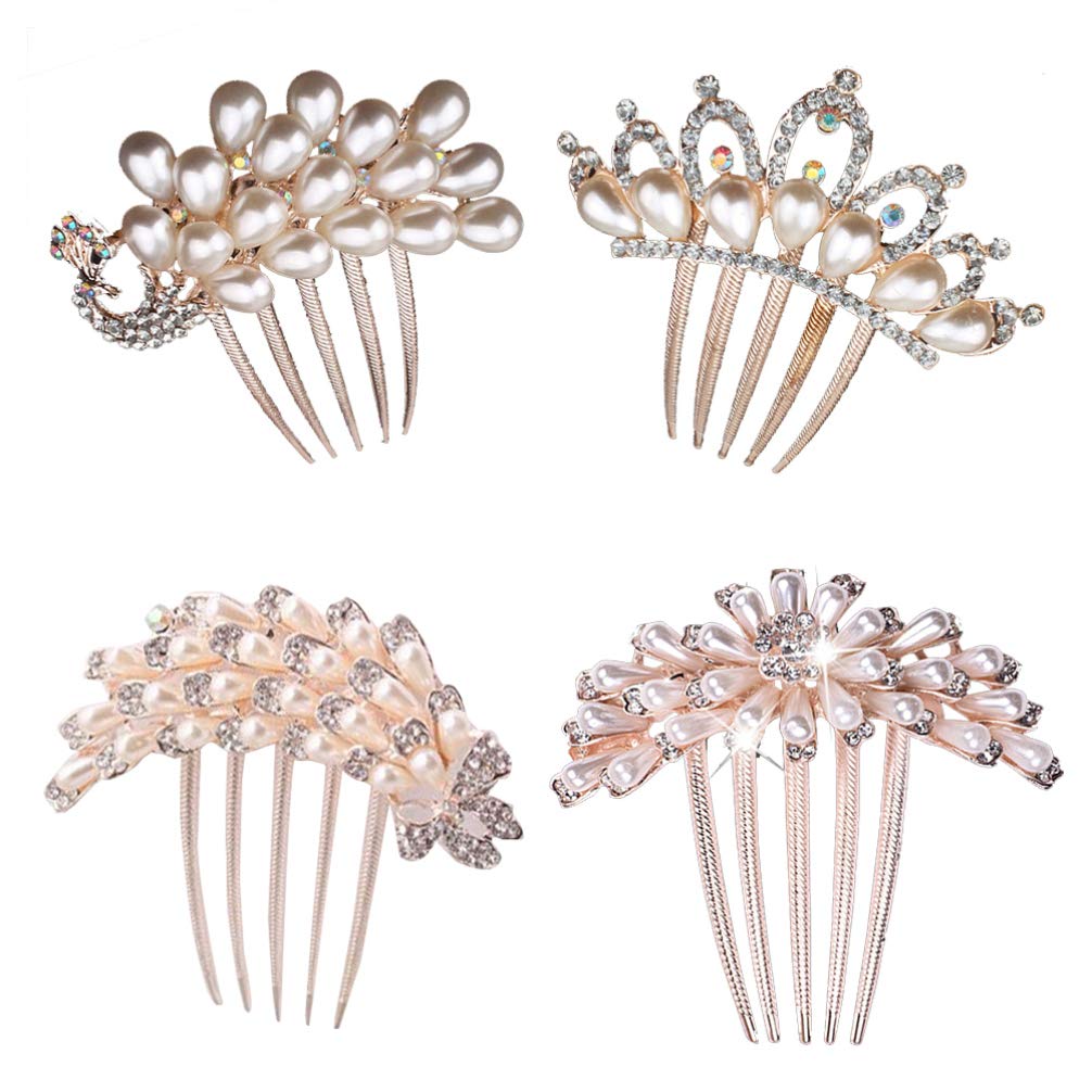 4pcs Crystal Bridal Hair Combs - Rhinestone Wedding Hair Accessories for Women & Girls, Flower Hair Clips for Bride, Bridesmaid & Prom - Perfect for Weddings, Proms & Special Occasions
