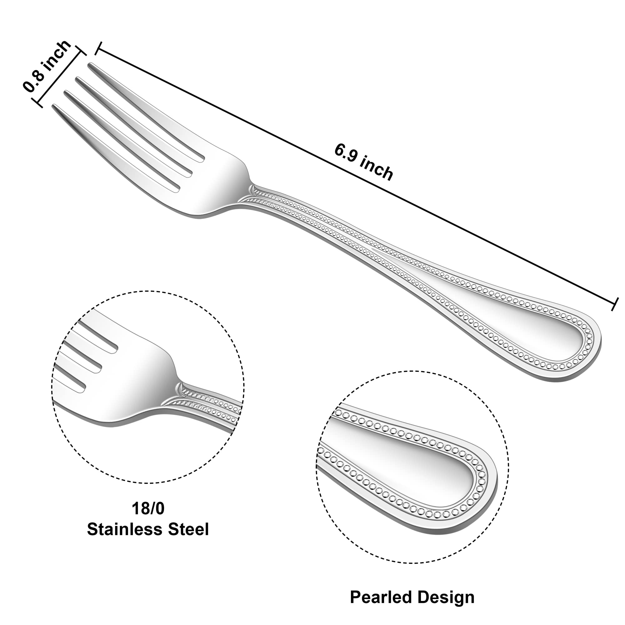 E-far 12-Piece Stainless Steel Salad Forks Set - 6.9 Inch Pearled Edge Dessert Forks for Party, Home, Kitchen & Restaurant - Mirror Polished, Non-Toxic, Dishwasher Safe - Perfect for Dinner Parties, Buffets, and Formal Dining