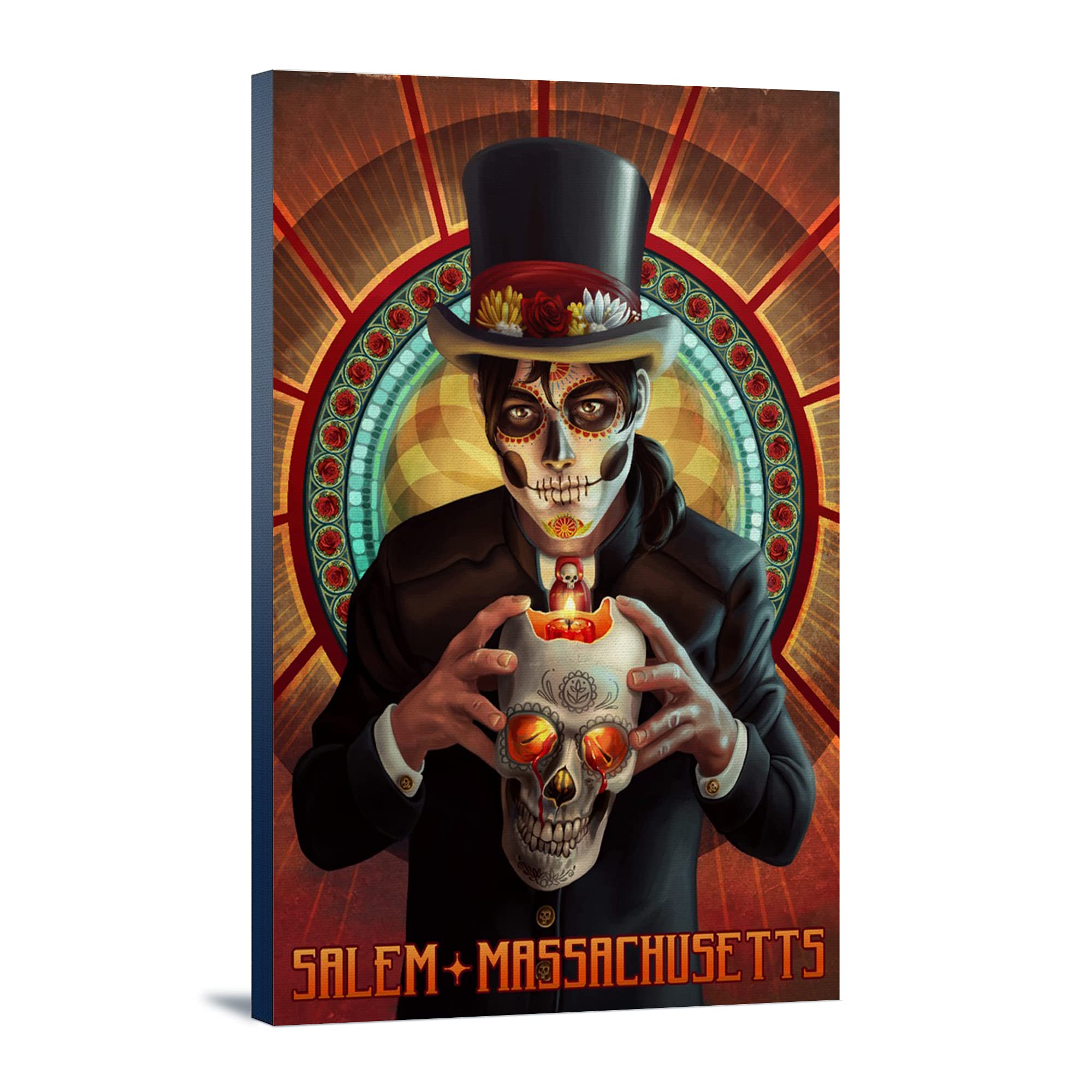 Day of the Dead Salem Massachusetts Art Print - 24x36 Gallery Wrapped Canvas Wall Decor for Halloween, Gothic Home Decor & Dia de los Muertos Celebration