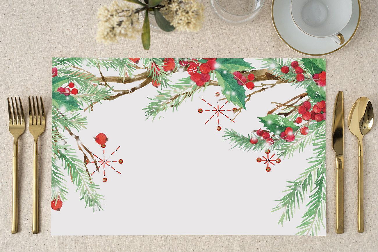Christmas Disposable Table Placemats - Set of 25 Holiday Party Paper Place Mats (17x11 Inches, Holly Evergreen Design) for Xmas Dining, Family Gatherings & Festive Decorations