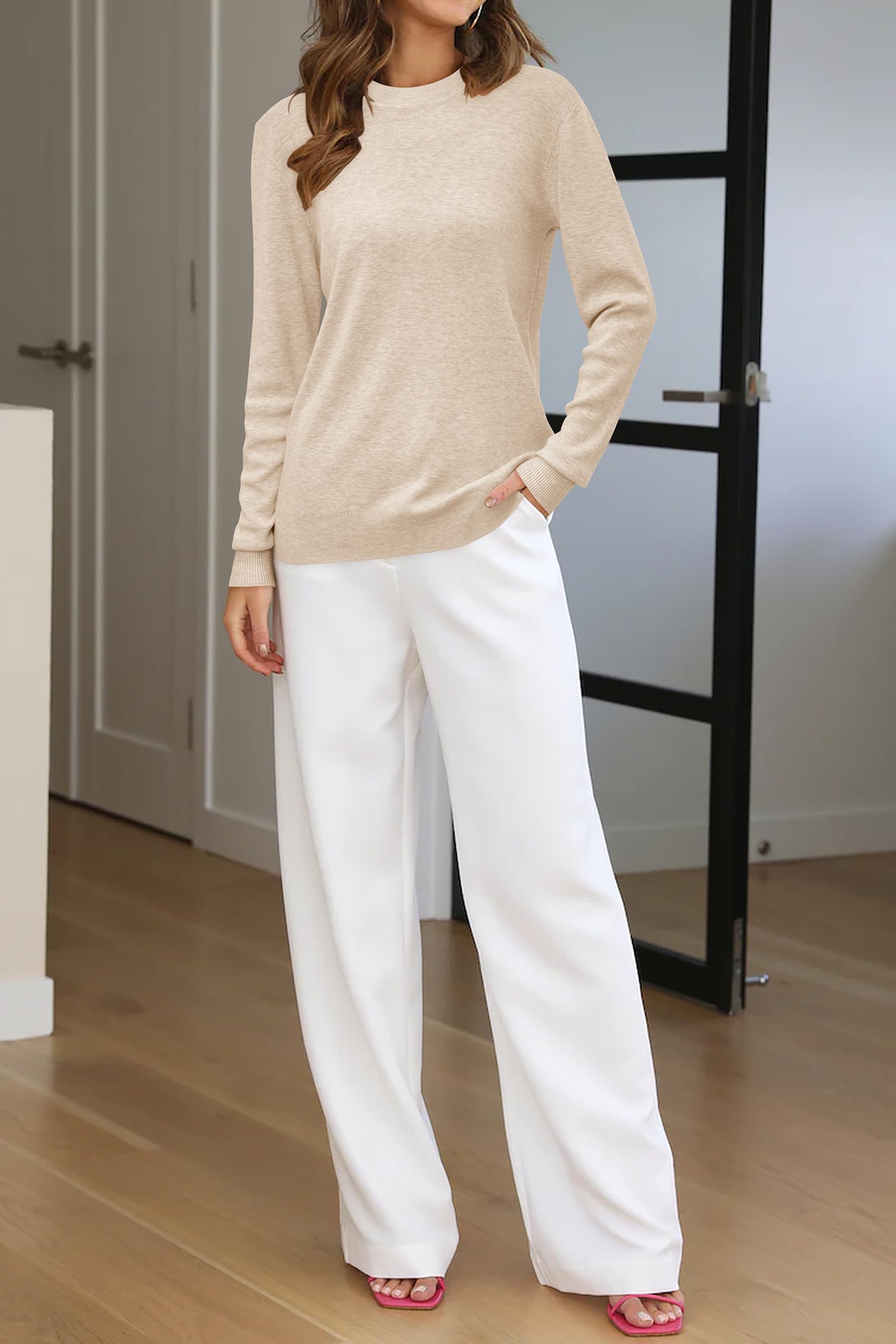 Arach&Cloz Women's 2025 Spring Fashion Wool Blend Sweater - Long Sleeve Crew Neck Pullover Top for Business Casual & Office Wear | Trendy Outfits for Work, Dating & Weekend Brunch