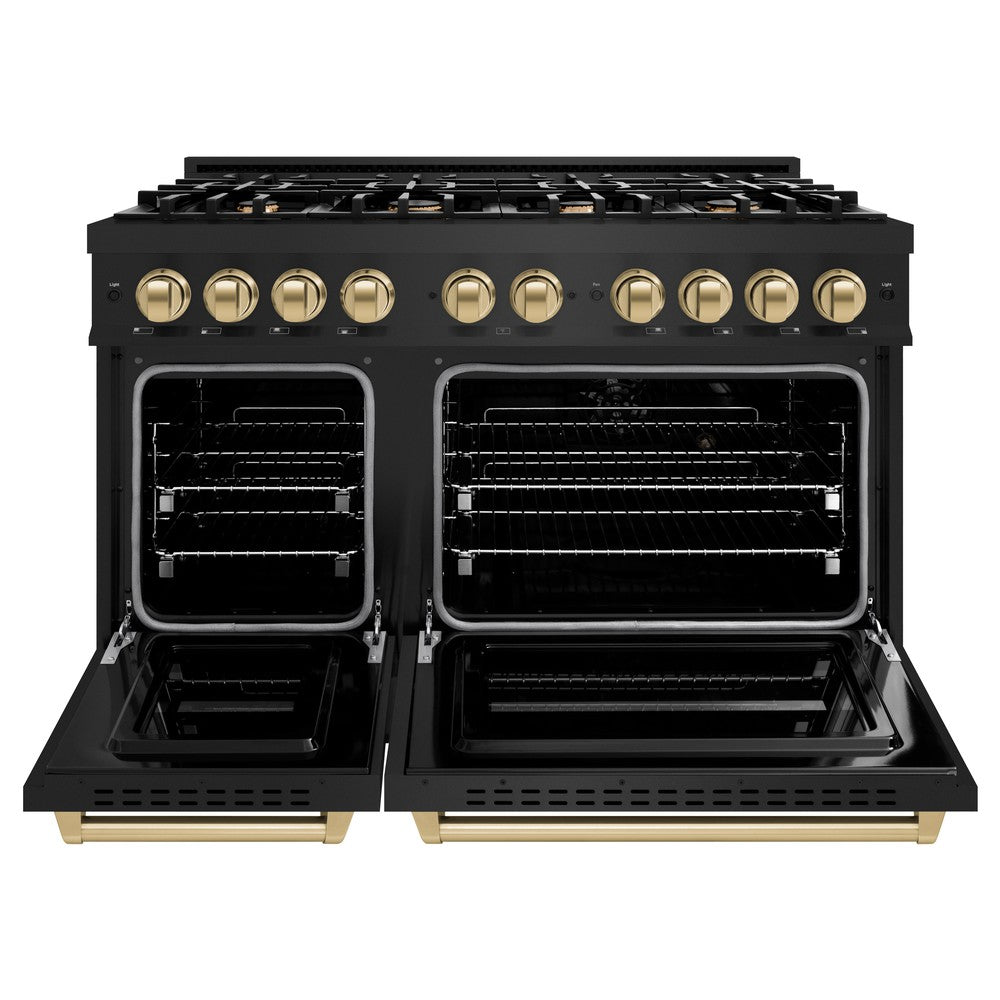 ZLINE Autograph Edition 48-Inch 6.7 cu. ft. Dual Fuel Range with 8-Burner Gas Cooktop & Double Oven - Black Stainless Steel with Champagne Bronze Accents (CDRBZ 48 CB) - Perfect for Gourmet Cooking & Entertaining in Modern Kitchens