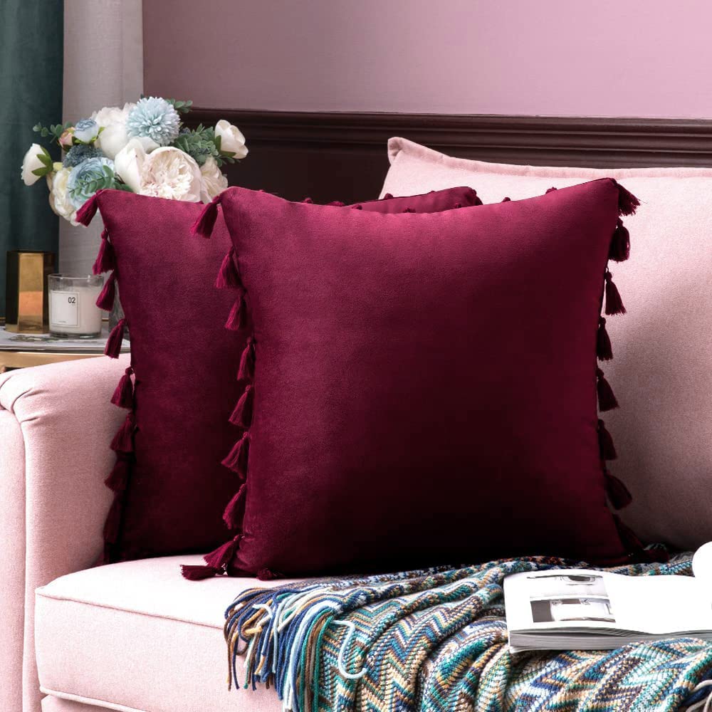 MIULEE 2-Pack Velvet Soft Decorative Throw Pillow Covers with Tassel Fringe - Boho Style Cushion Cases for Sofa, Couch & Bed (22x22 Inches, Burgundy) - Perfect for Living Room Decor, Home Styling & Cozy Comfort