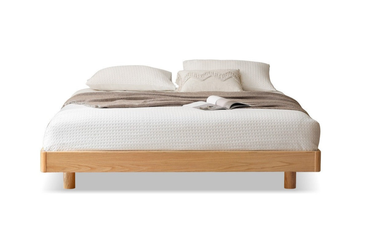 Solid Oak Wood Floating Platform Bed - No Headboard Modern Minimalist Bed Frame with LED Lights for Bedroom, Guest Room, or Studio Apartment