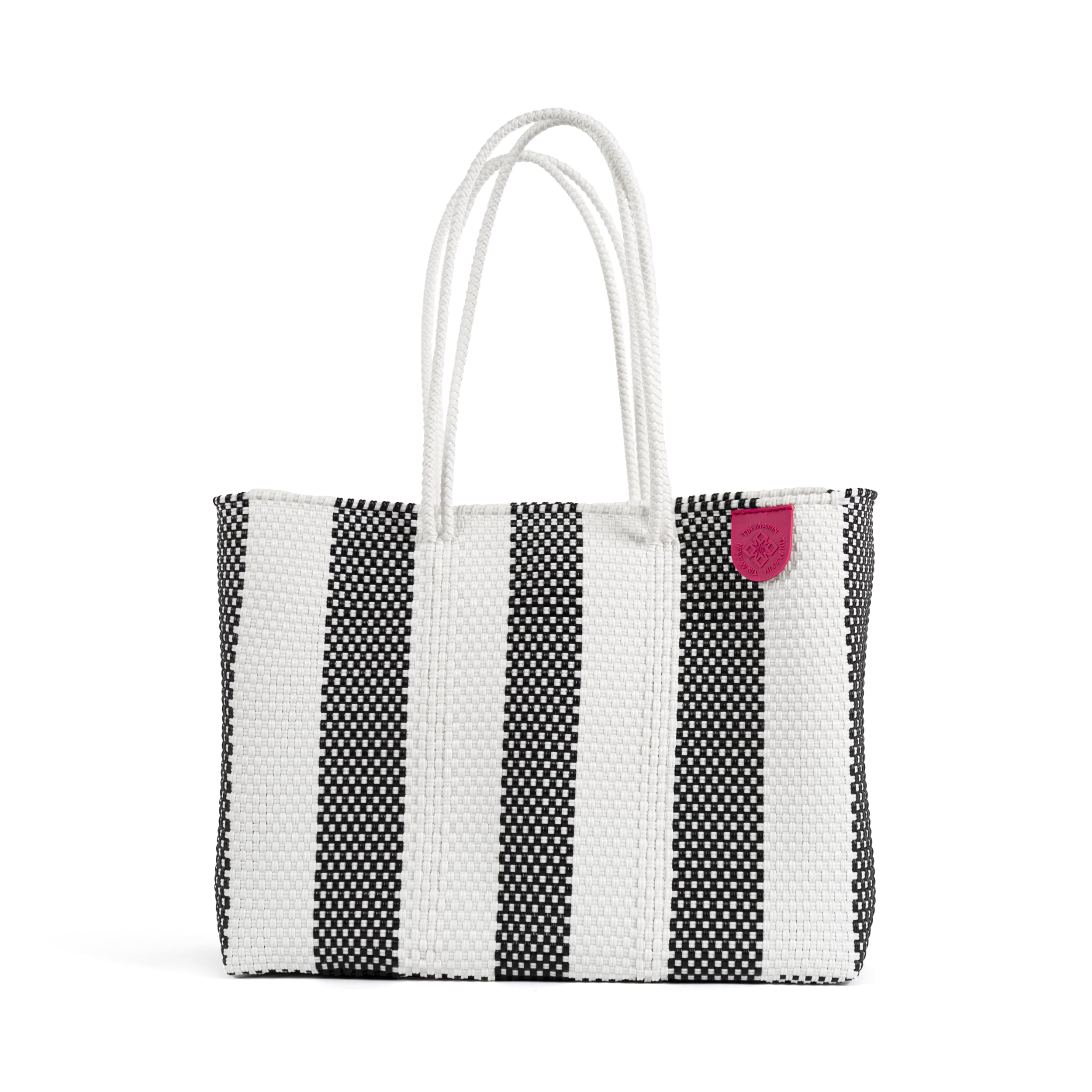 Eco-Friendly Zebra Woven Super Tote Bag - Handwoven Recycled Plastic Mexican Beach Bag - Black & White Water-Resistant Summer Tote for Beach, Shopping & Travel