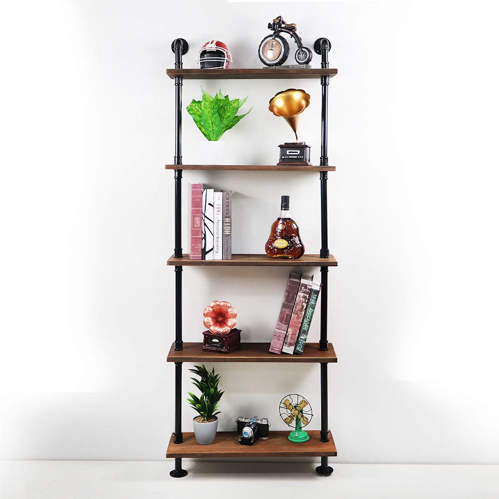 Industrial Pipe Shelf - 5 Tier Floating Wall Shelf with Rustic Wood & Black Iron Pipe - Perfect for Home, Office, and Retail Display Storage