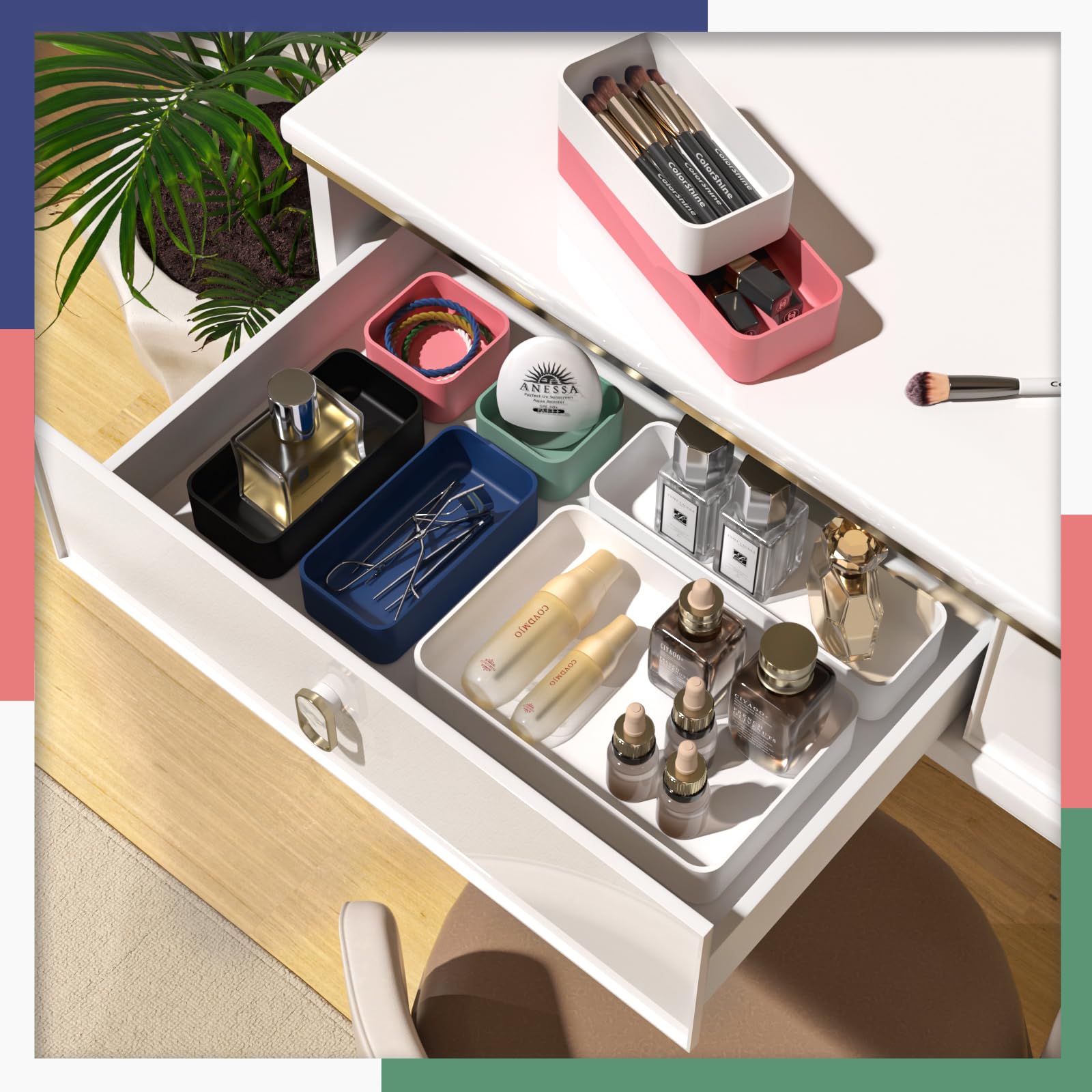 11-Piece Stackable Drawer Organizer Set - Multi-Size Desk & Vanity Storage Bins for Makeup, Stationery, Utensils - Perfect for Bathroom, Dresser, Office & Kitchen Organization (Space-Saving Solution)