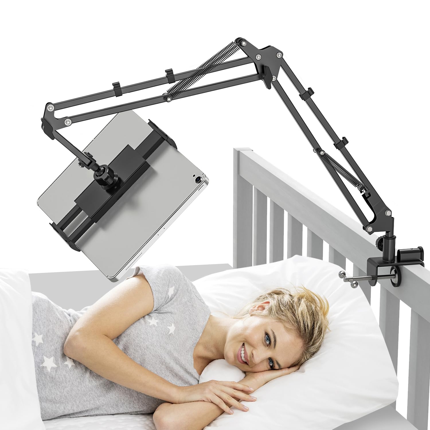 JUBORUI 360° Rotating Tablet Stand for Bed - Adjustable iPad Holder with 2 Sturdy Metal Arms for iPad Pro/Air/Mini 4.7