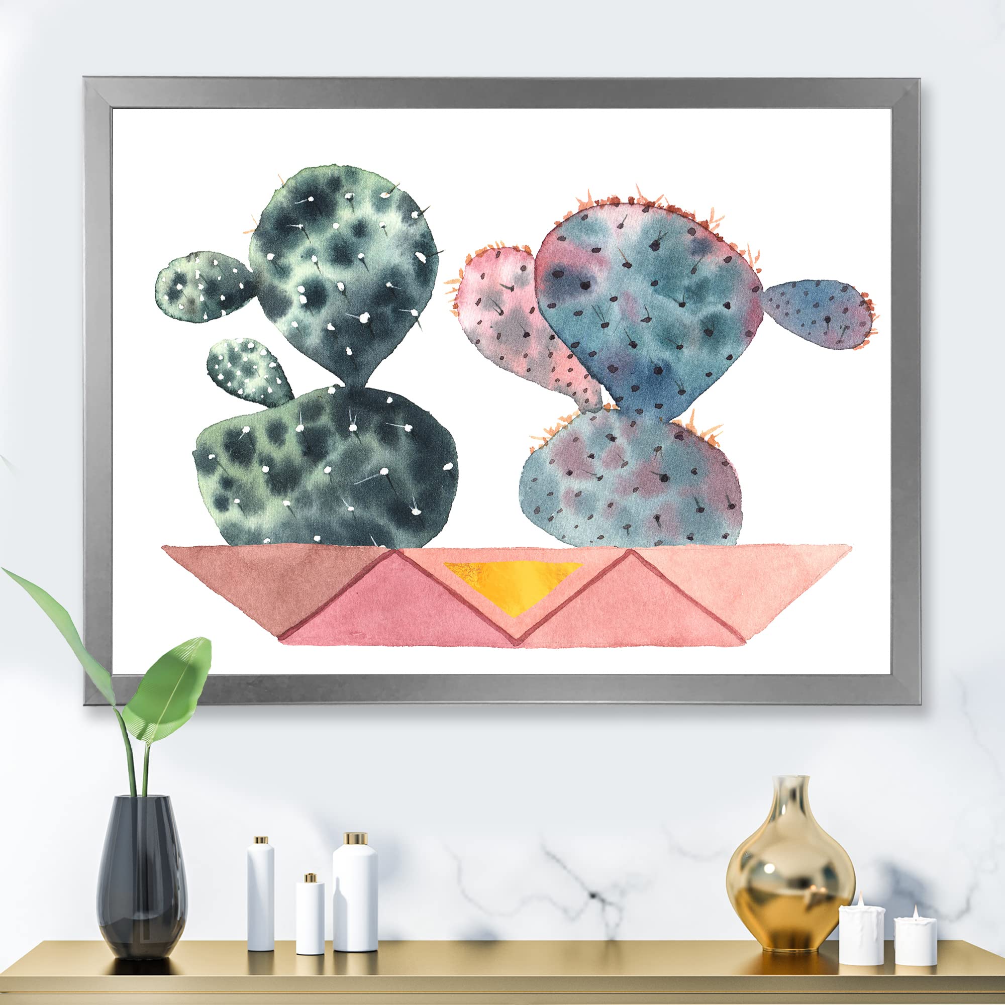 DesignQ Cactus Duo in Pink Geometric Pots - Modern Framed Wall Art for Home & Office Decor - Perfect for Living Room, Bedroom, or Workspace Aesthetic