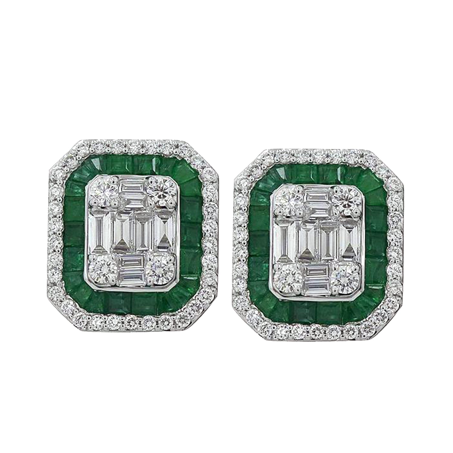 18K White Gold Emerald Channel Set Diamond Octagon Stud Earrings - Elegant Jewelry for Women, Perfect for Weddings, Parties & Special Occasions