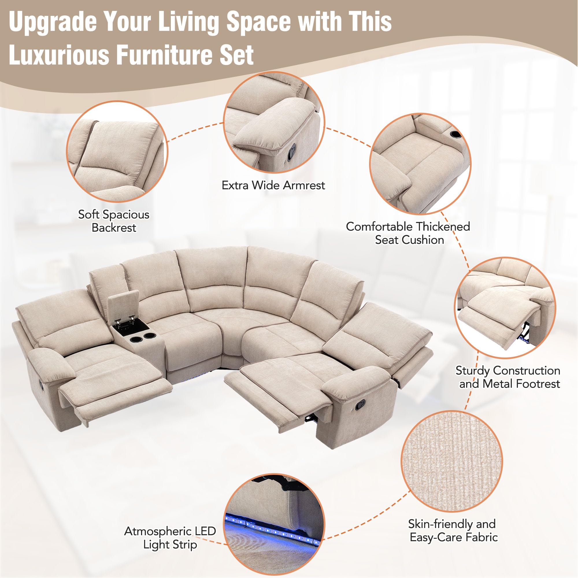P PURLOVE Modern L-Shaped Reclining Sofa with USB Ports, Hidden Storage & LED Lights - Velvet Living Room Couch for Apartments, Bedrooms (Cream) | Perfect for Small Spaces, Movie Nights & Relaxing