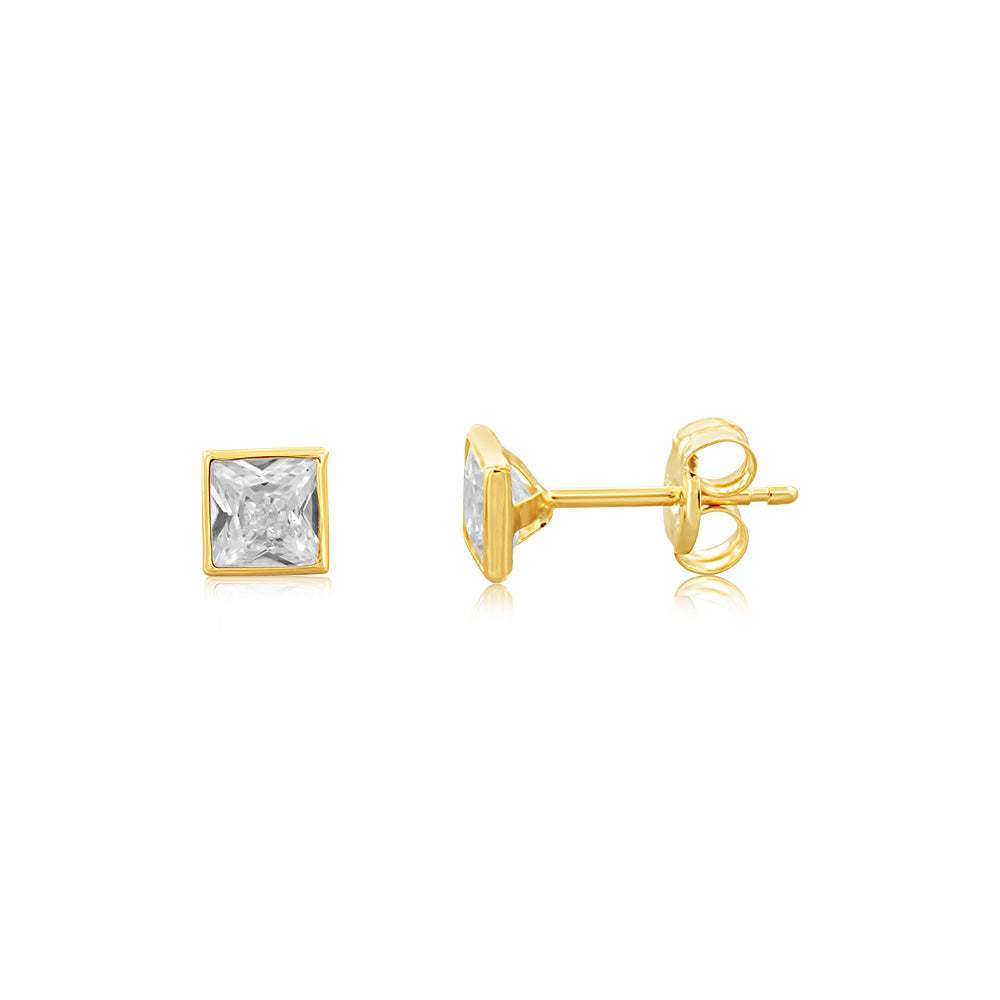 9ct Yellow Gold 4X4mm Square Bezel Cubic Zirconia Stud Earrings for Women - Elegant Minimalist Jewelry for Everyday Wear, Parties & Special Occasions