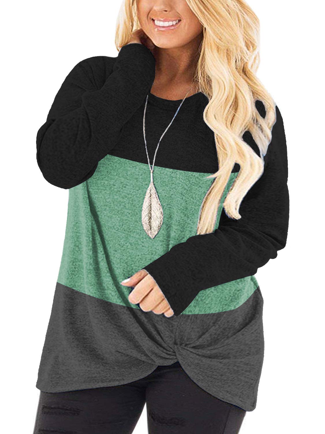 DOLNINE Women's Plus Size Knotted Long Sleeve T-Shirt - Loose Casual Blouse for Everyday Wear, Work & Date Night Outfits
