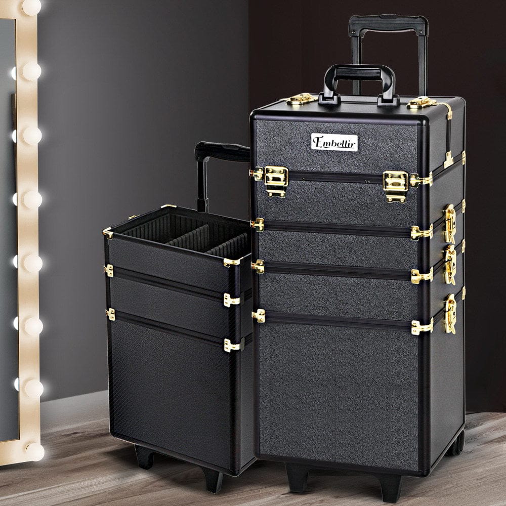Embellir Professional Makeup Case - Beauty Trolley with Wheels, Cosmetic Organizer Box for Travel & Salon Use - Gold Luxury Storage Solution for Makeup Artists & Beauty Enthusiasts