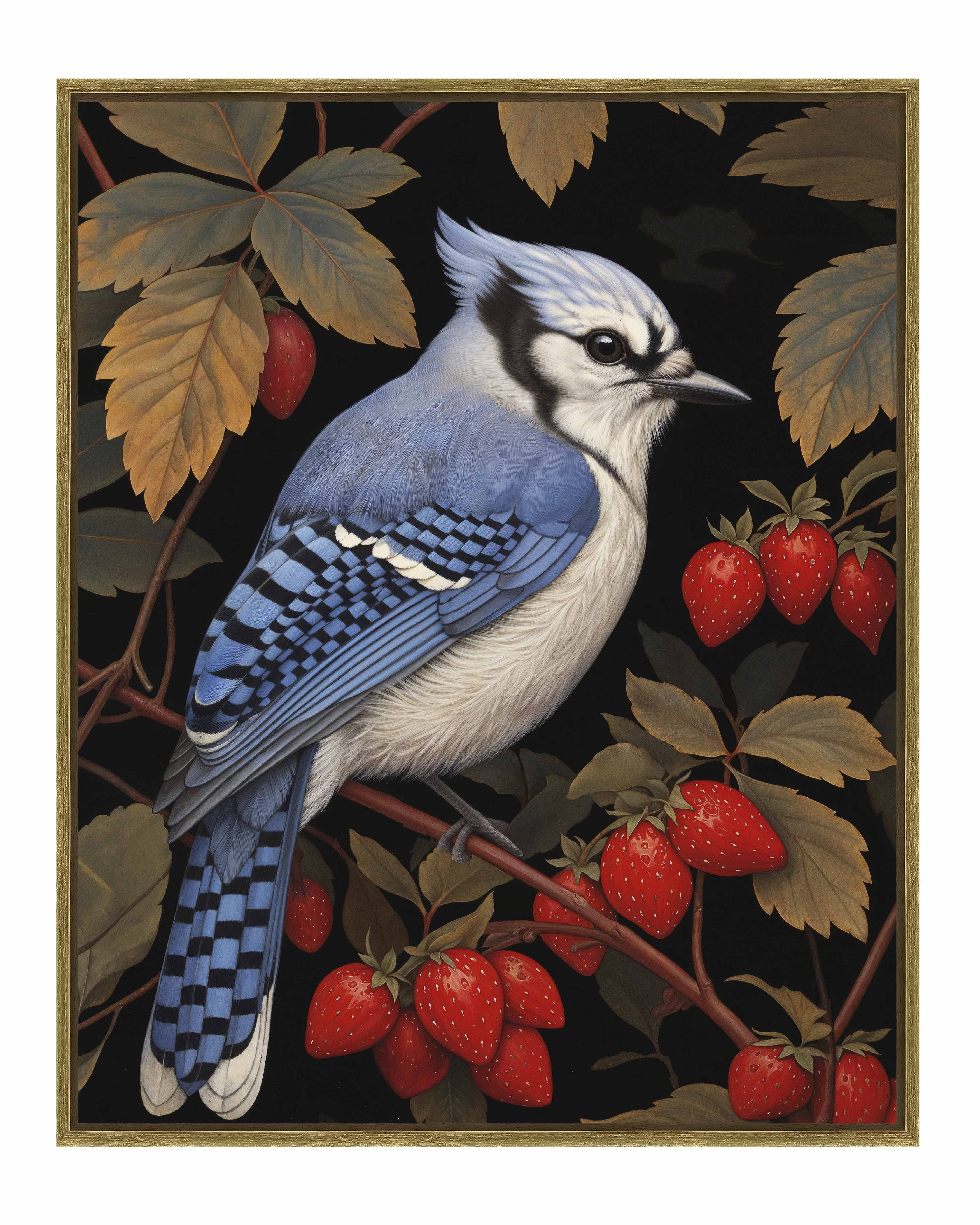 Berry Bliss Blue Jay in Strawberry Patch Gallery Wrapped Canvas - Beautiful Nature Artwork for Home Decor, Living Room, Bedroom & Office Wall