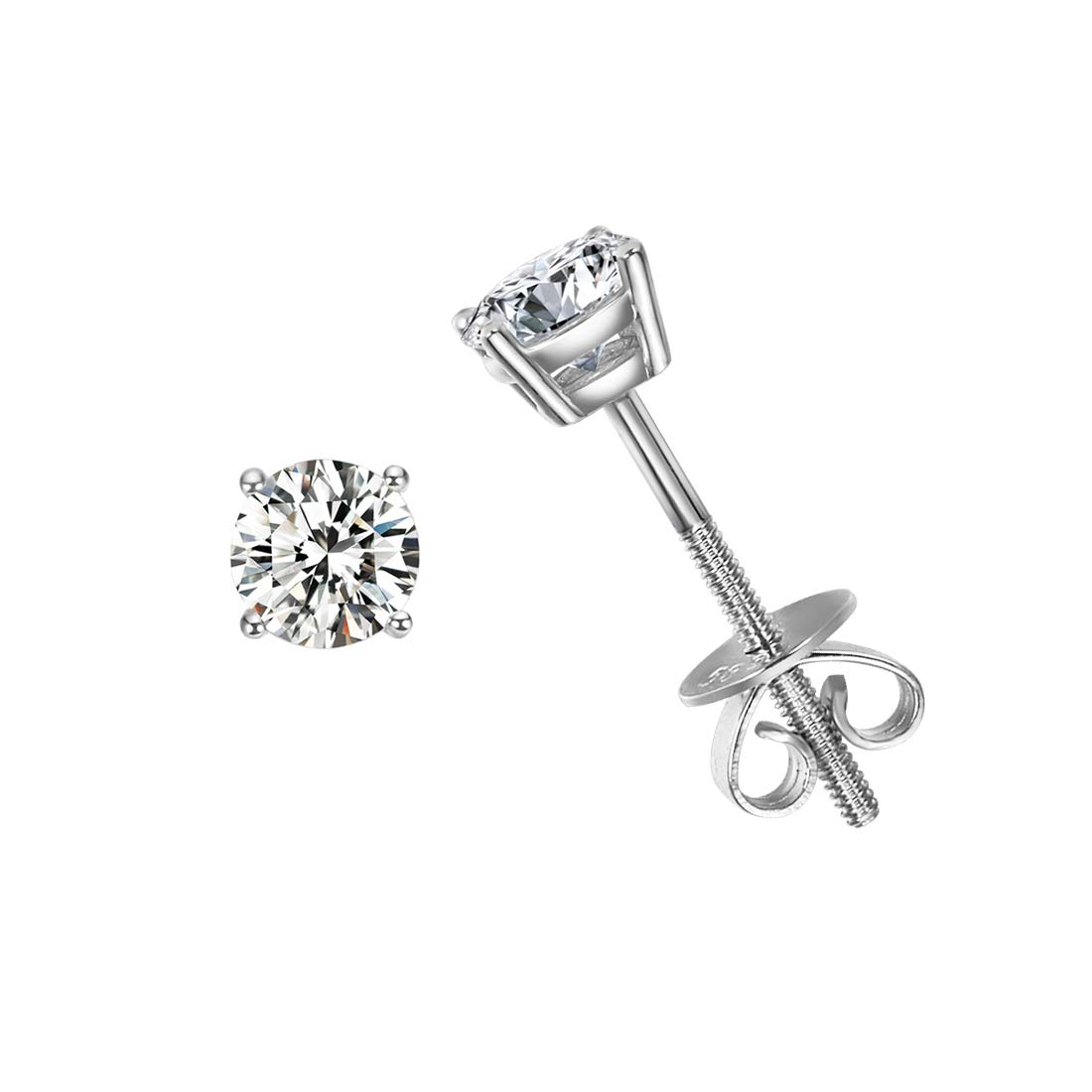 14K Solid White Gold Round 4 Prong Moissanite Stud Earrings - D-E Color VVS Clarity Simulated Diamond Screw Back Earrings for Women & Girls | Fine Jewelry Gift for Anniversary, Birthday & Special Occasions