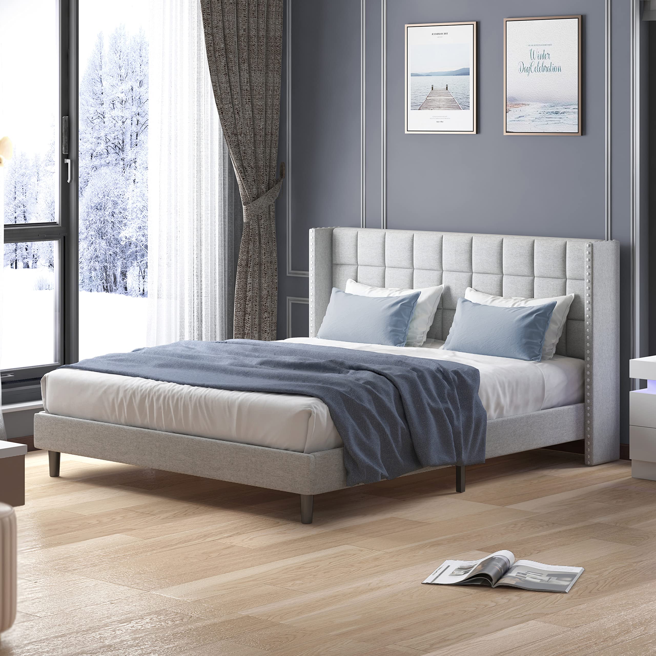 MJkone Full Size Platform Bed Frame with Wingback Headboard - Modern Upholstered Low Profile Bed with Wood Slats, No Box Spring Needed, Easy Assembly (Full, Light Grey) | Perfect for Small Bedrooms, Guest Rooms & Modern Apartments