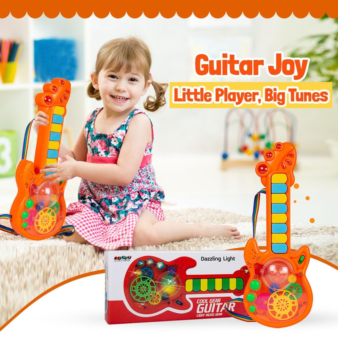 Kid Kraze® Battery Operated Musical Toy Guitar with 8 Keys & 3D Gear - Light Up Effects for Toddlers & Kids (Orange) | 3xAA Battery Powered (Not Included) | Perfect Birthday Gift for Boys & Girls, Pretend Play & Early Music Education
