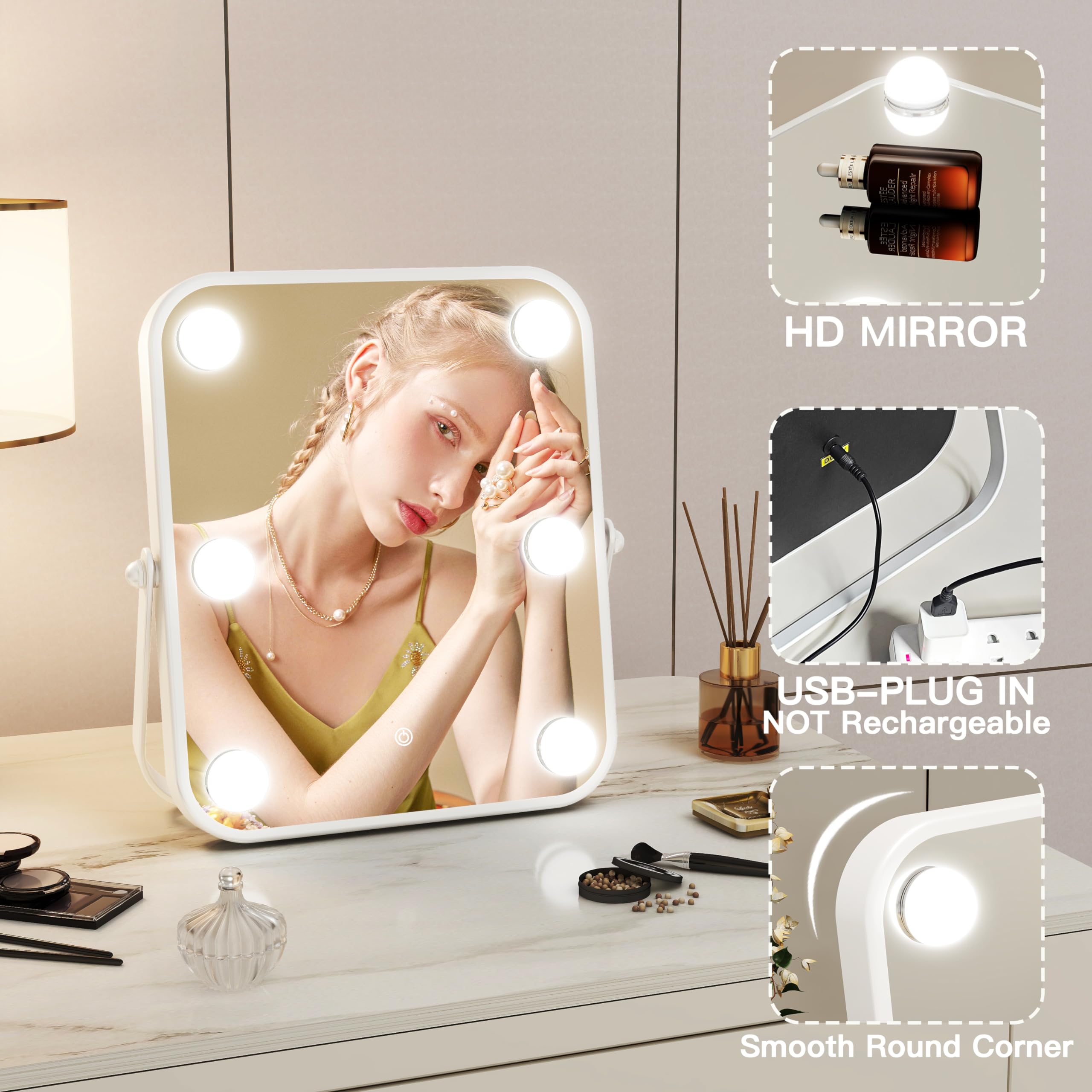 10x12 Inch Dimmable LED Vanity Mirror with Touch Control - Portable Makeup Mirror for Travel & Home