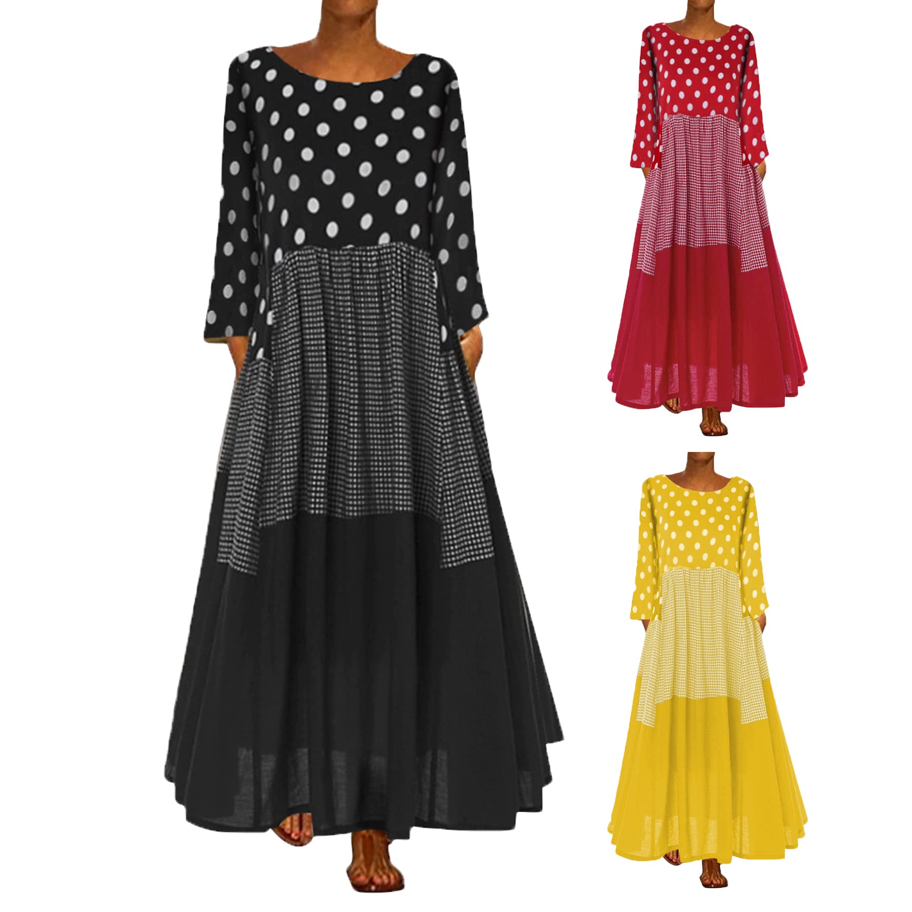 **Women's Plus Size Maxi Dress - Long Sleeve Polka Dot Vintage Boho Swing Dress with Pockets | Casual, Beach, Party & Everyday Wear**