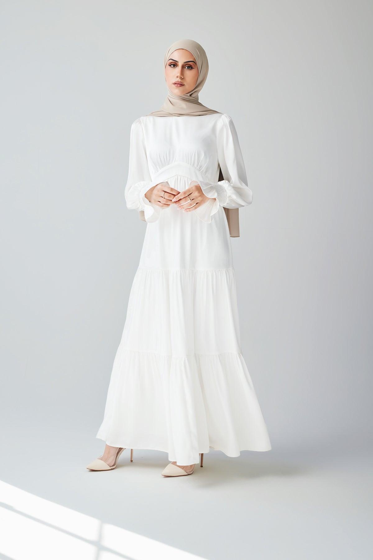 Milena Tiered Smock Maxi Dress for Women - Flowy Boho Summer Beach Dress in White | Perfect for Vacations, Weddings & Casual Outings