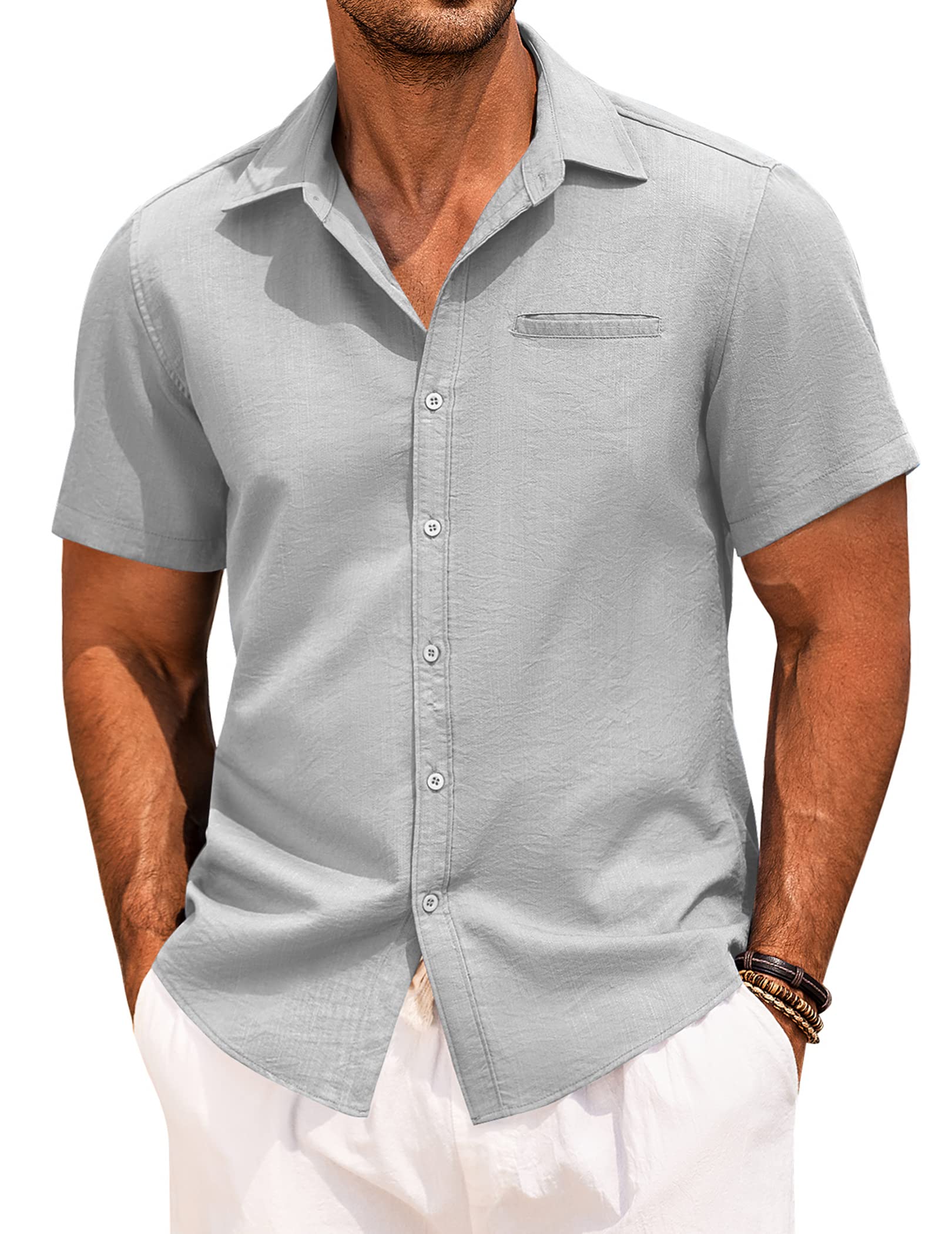 COOFANDY Men's Casual Linen Short Sleeve Button Down Shirt | Breathable Summer Hawaiian Shirt for Beach Vacation & Outdoor Activities