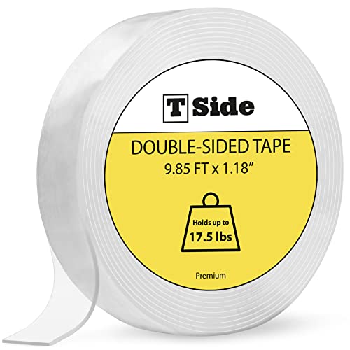 T-Side Heavy Duty Double Sided Tape - Strong Washable & Reusable Wall Adhesive for Posters, Carpets, Home Decor - 9.85 FT Transparent Mounting Tape for Office, Kitchen & Outdoor Use (Perfect for Hanging Photos, Securing Rugs & DIY Projects)