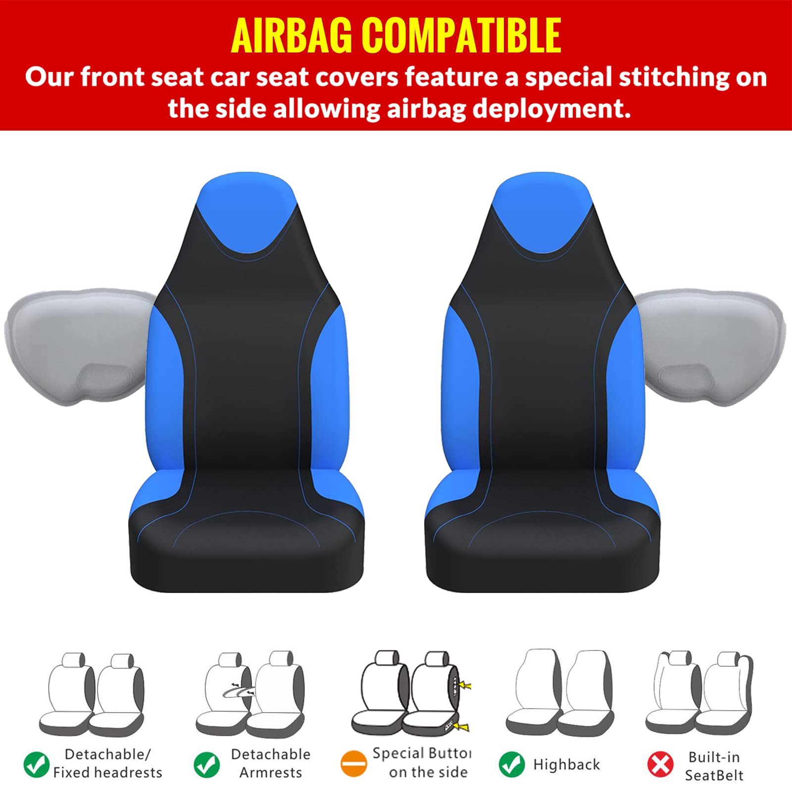 AUTOYOUTH Universal High Back Bucket Seat Covers - Set of 2, Airbag Compatible for Cars, SUVs, Trucks & Vans (Blue) | Premium Protection & Comfort for Drivers & Passengers | Perfect for Road Trips, Commuting & Daily Driving