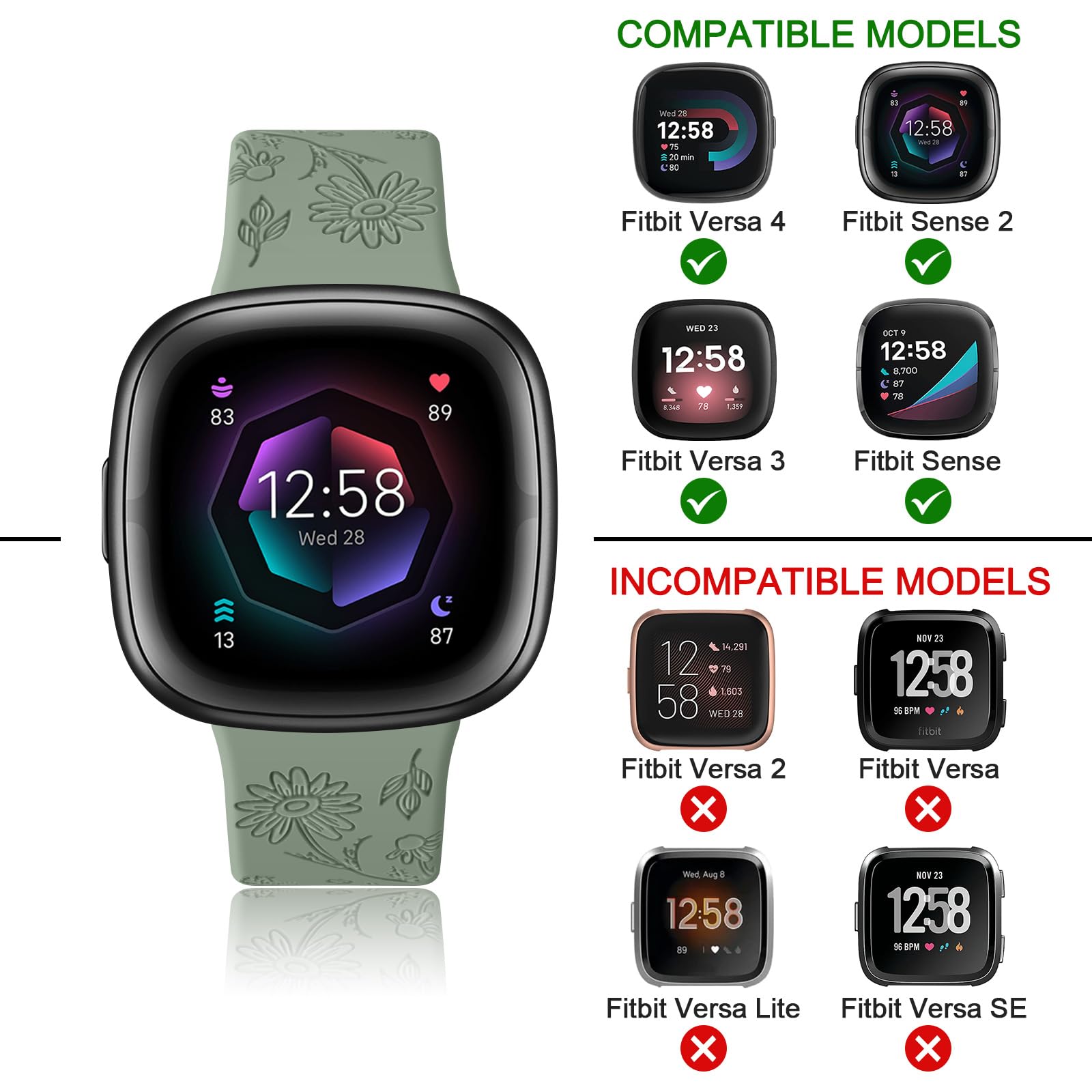 Vancle Floral Engraved Silicone Replacement Band for Fitbit Versa 4/3, Sense 2/Sense - Soft Comfortable Strap for Women & Men - Perfect for Workouts, Daily Wear & Smartwatch Accessorizing