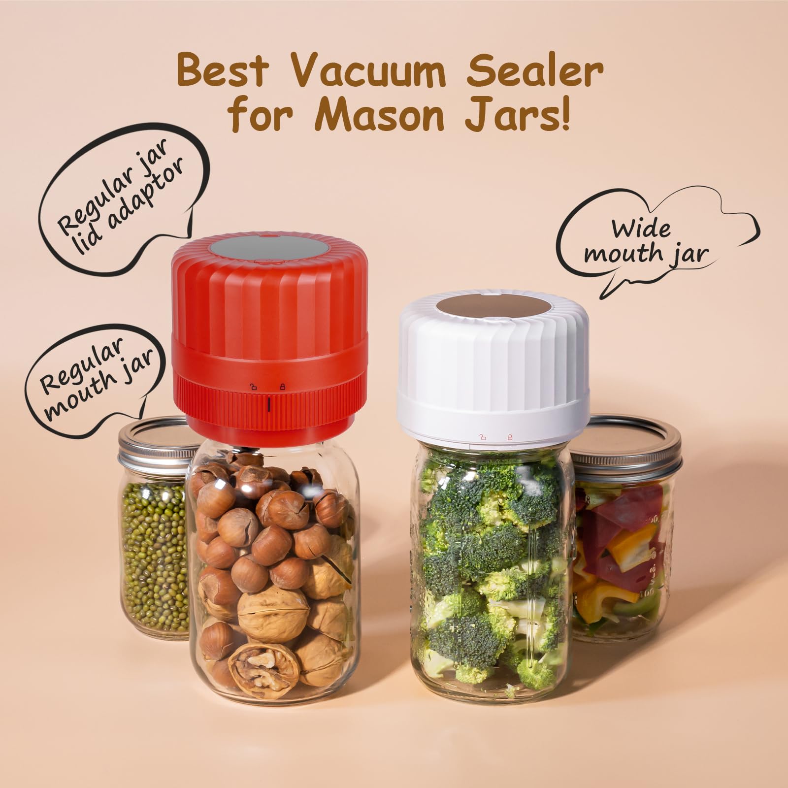 Automatic Mason Jar Vacuum Sealer Kit with Auto Stop - Preserve Food Freshness for Canning, Pickling, Dehydrating & Meal Prep | Airtight Storage Solution for Mason Jars, Pantry Organization & Home Food Preservation (Red)