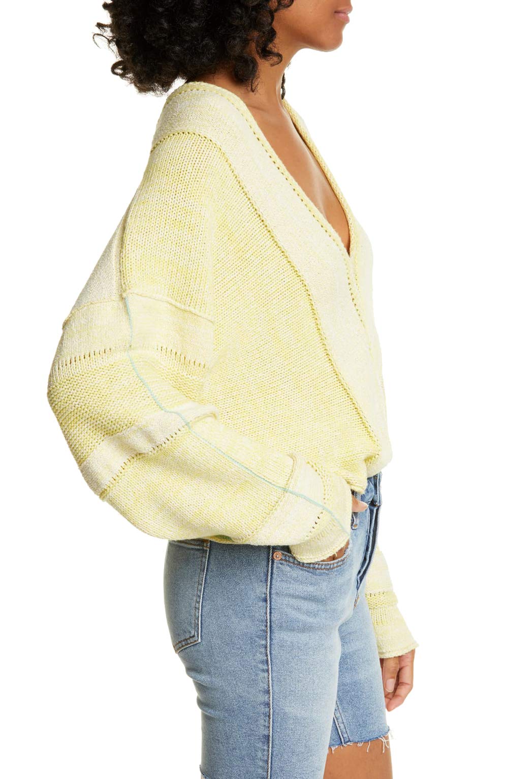 Free People Women's V-Neck Open Stitch Pullover Sweater - Yellow, Size M | Cozy Knit Sweater for Fall & Winter, Casual Outfits, Date Nights & Office Wear