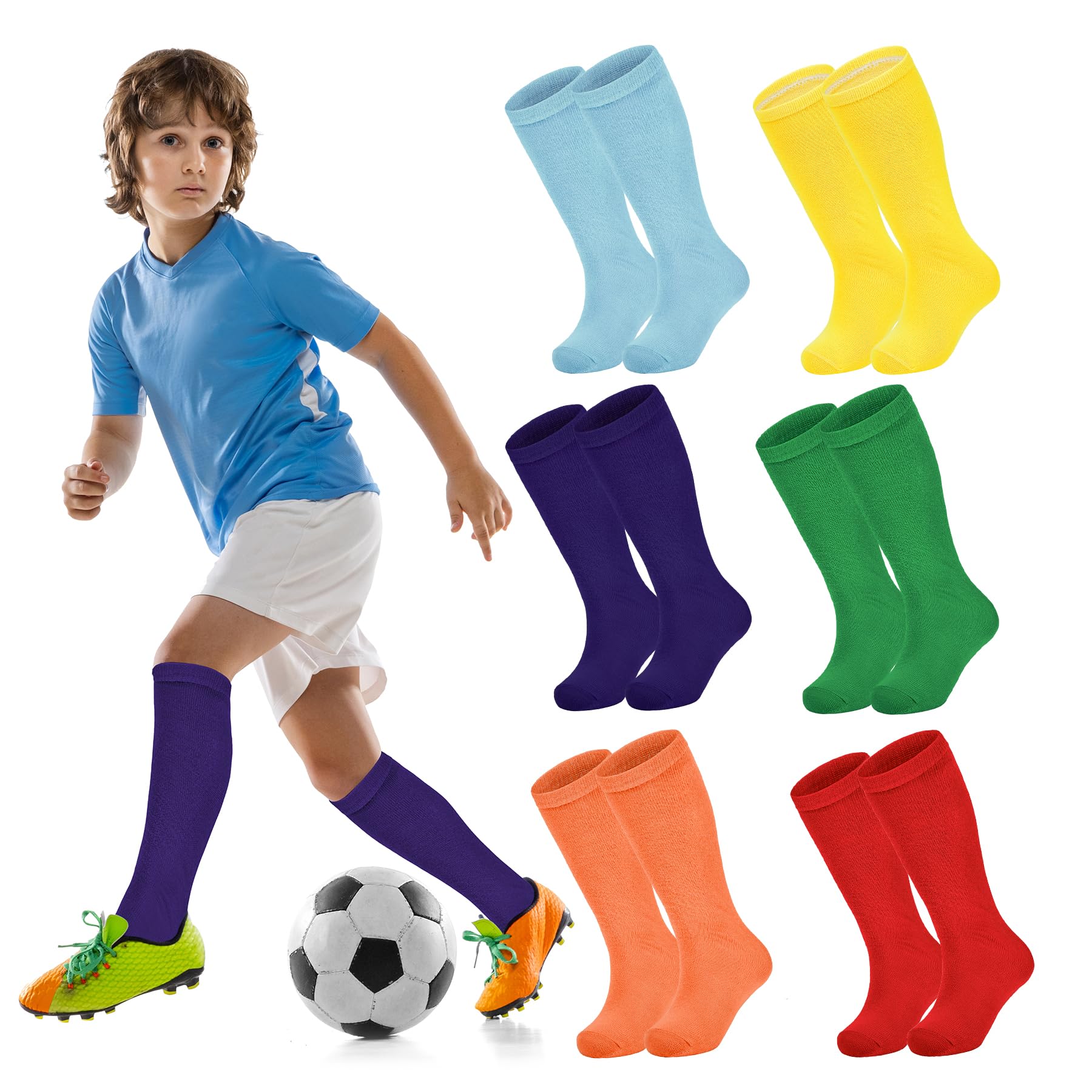 Zando 6 Pairs Youth Soccer Socks for Boys & Girls - Knee High Athletic Socks for Baseball, School Uniform & Outdoor Sports - Breathable Long Tube Socks for Kids Soccer, Running & PE Class