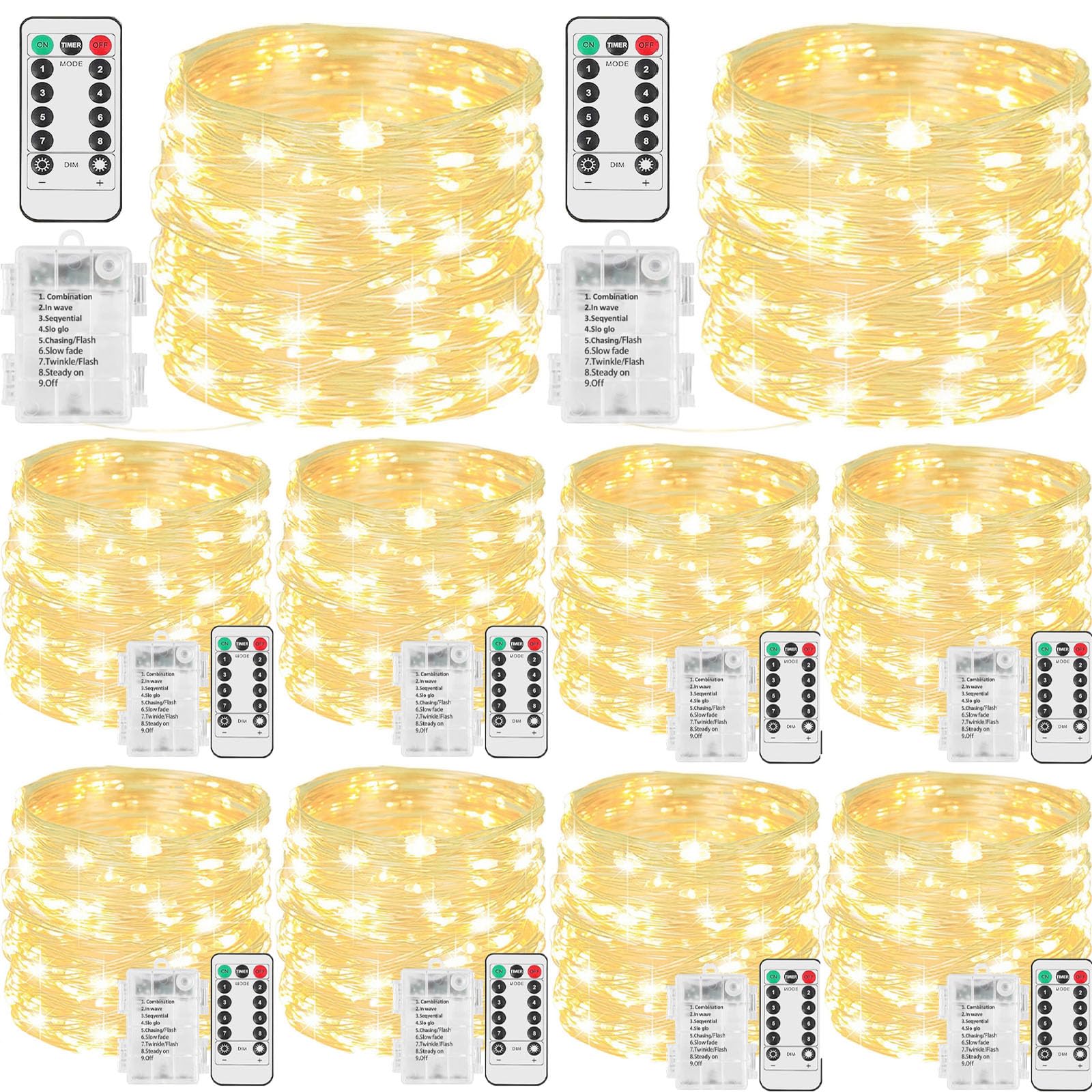 Beieverluck 10 Pack 33FT 100 LED Fairy Lights Battery Operated with Remote & Timer - Waterproof String Lights for Indoor Outdoor Decor - Perfect for Bedroom, Wedding, Christmas, Garden & Party Decorations (Warm White)
