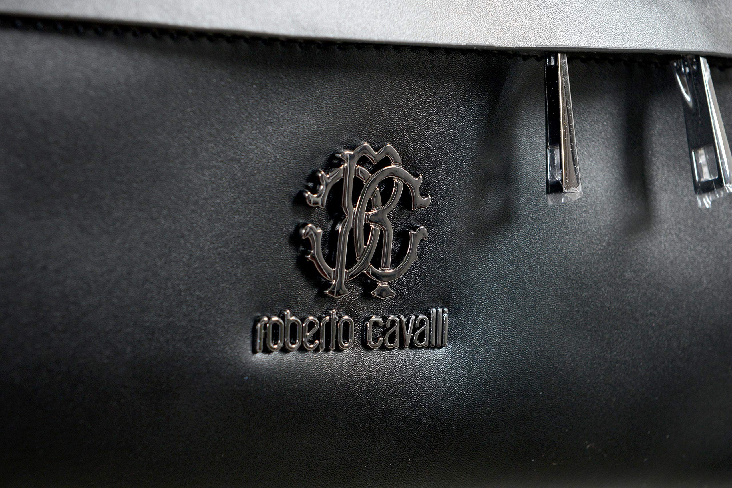 Roberto Cavalli Unisex Black Leather Trimmed Shoulder Handbag Tote Bag - Stylish & Durable for Work, Travel & Everyday Use