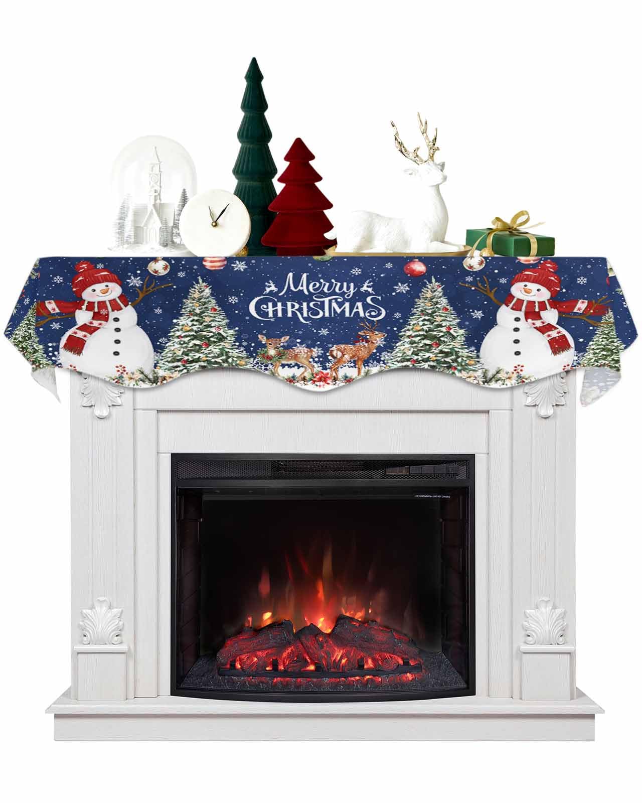 Christmas Mantel Scarf for Fireplace Decor - Snowman Navy Blue Snowflake Deer Poinsettia Fireplace Mantel Cover (60